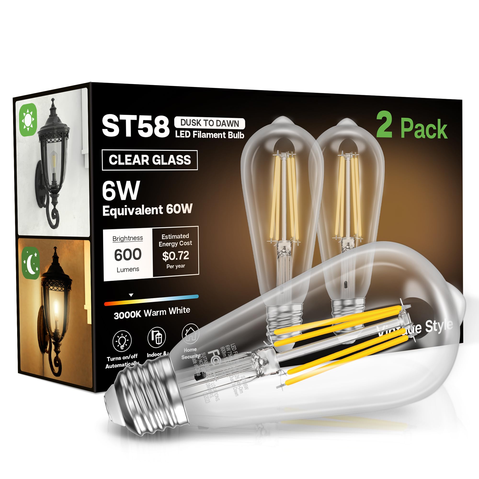Eastiya Dusk to Dawn Light Bulbs  6W Equivalent 60W  Soft White 3000K  E26 Base  Light Sensing  ST58 Vintage Style  600LM  Outdoor Edison Bulbs  Automatic Light Bulbs for Porch Patio Garage  2 Pack
