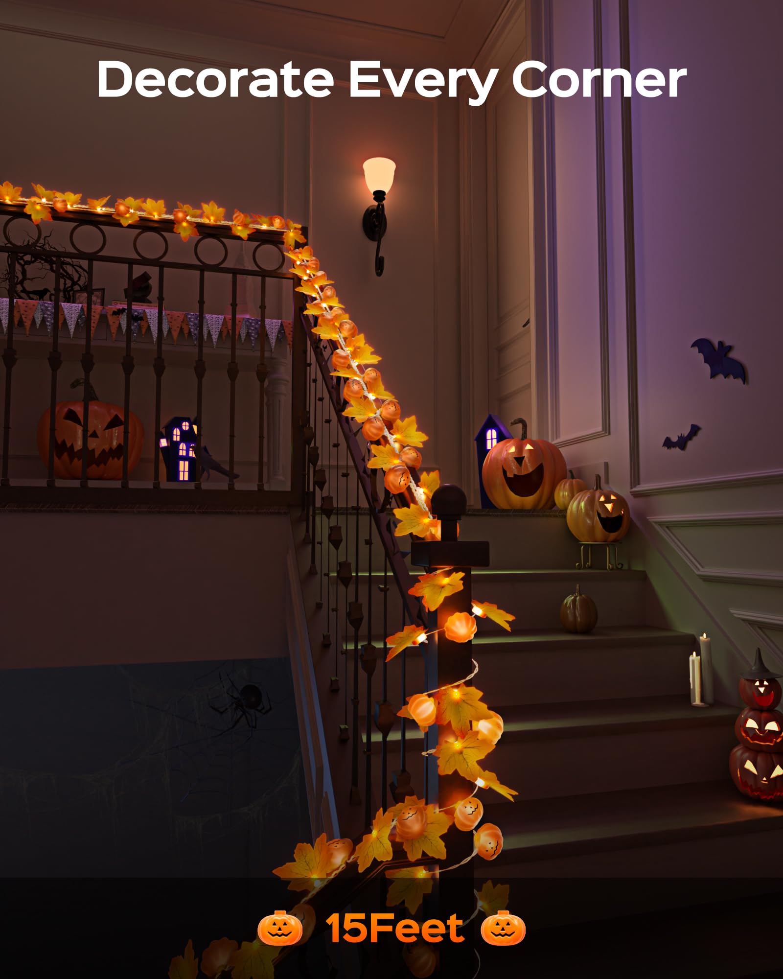 JACKYLED Christmas Decorations String Lights 30-LED Pumpkin Maple Leaf Decor Lights 15 FT 8 Modes with Remote Control and Timer