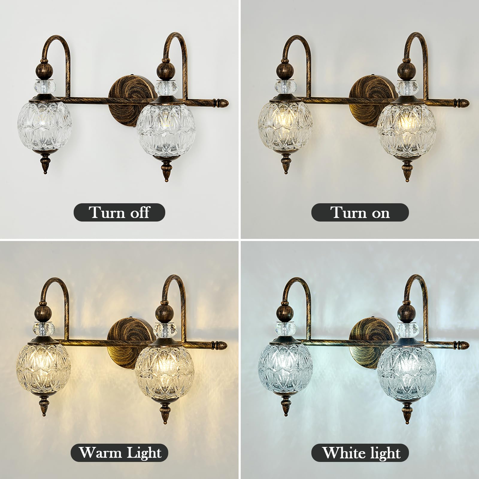 Piepooye Vintage Bathroom Light Fixtures Bronze Vanity Light With Glass Globe Lampshade 2 Lights Mid Century G9 Bulb Wall Sconce