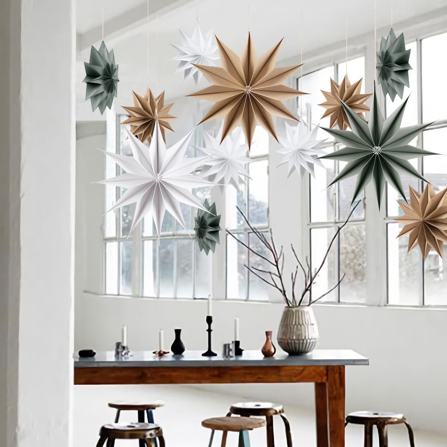 Sunbeauty 3 Pcs 12-Pointed Paper Star Brown Grey White Lanterns 12 Inch Christmas Hanging Lamp Shade Wedding Birthday Christmas
