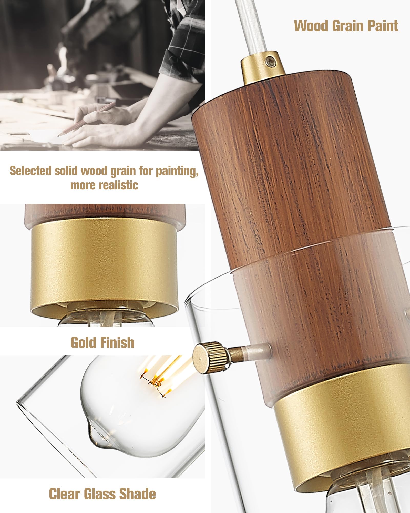 Emak Gold Pendant Light Fixtures, 3-Light Pendant Lights With Clear Glass Shade, Modern Farmhouse Hanging Lights For Kitchen Island, Dining Room, Bathroom, Bedroom, Pl120-Gd-Cl