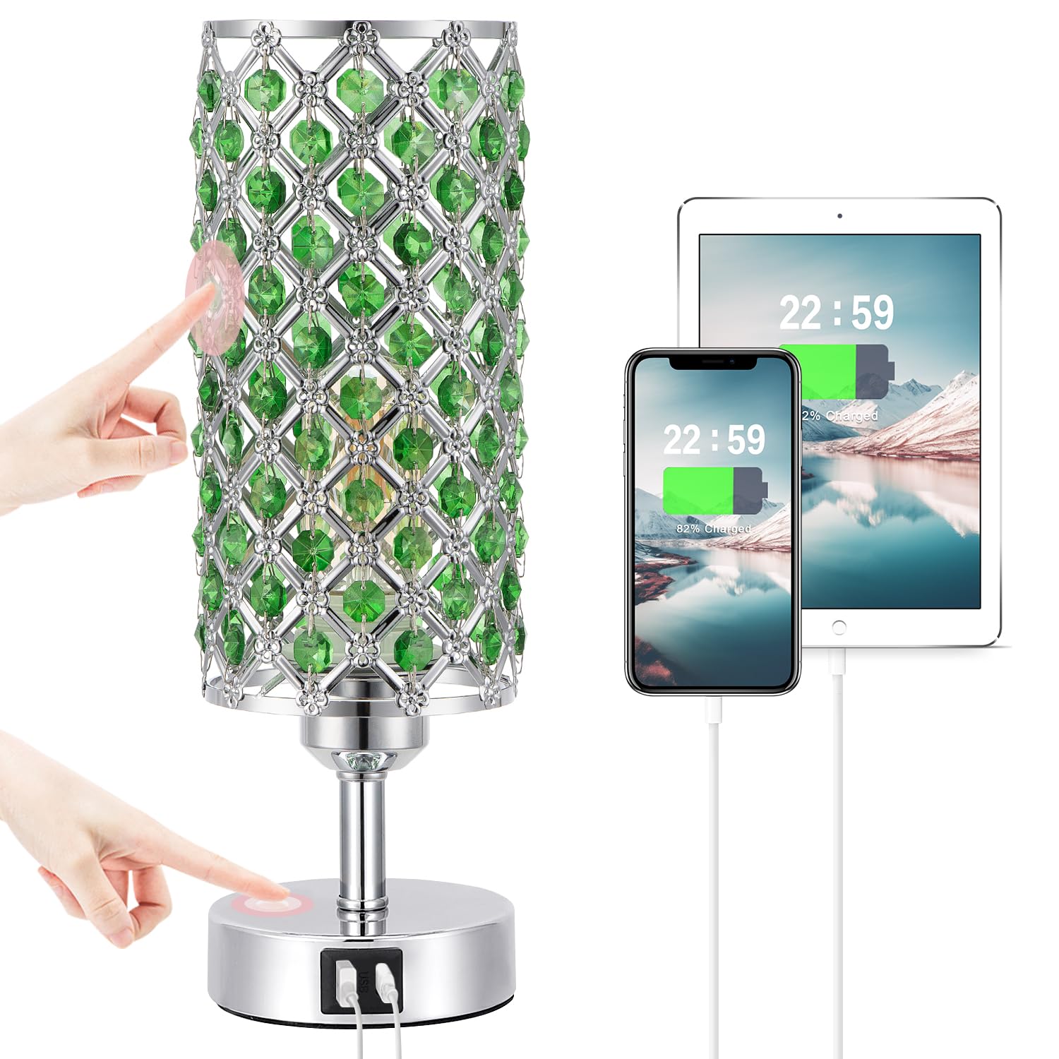 Hong-in Green Crystal Table Lamp - 3-Way Dimmable Touch Control  Bedside Lamp with USB C and A Ports  Nightstand Light for Living Room  Bedroom  Home Office (Bulb Included)