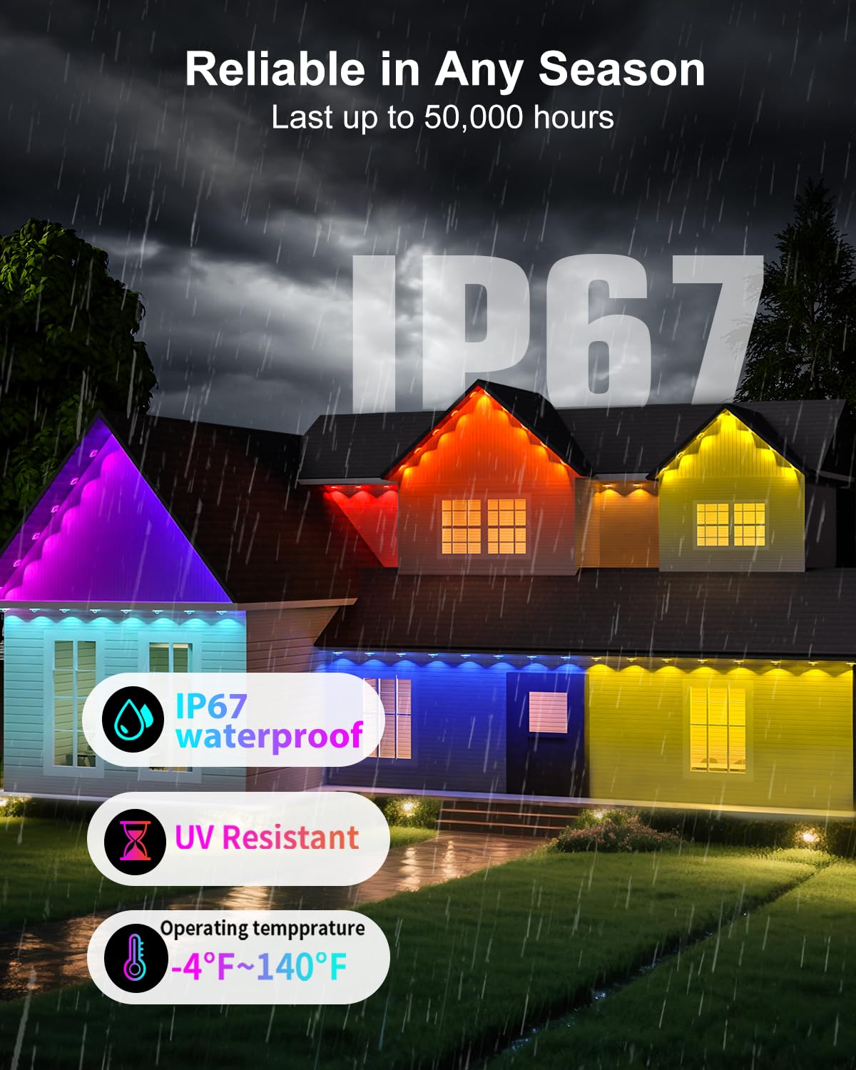 Tropwellhouse 50ft RGB Smart LED Outdoor Lights, IP67 Waterproof, Remote Control, Model YM2025-2, White