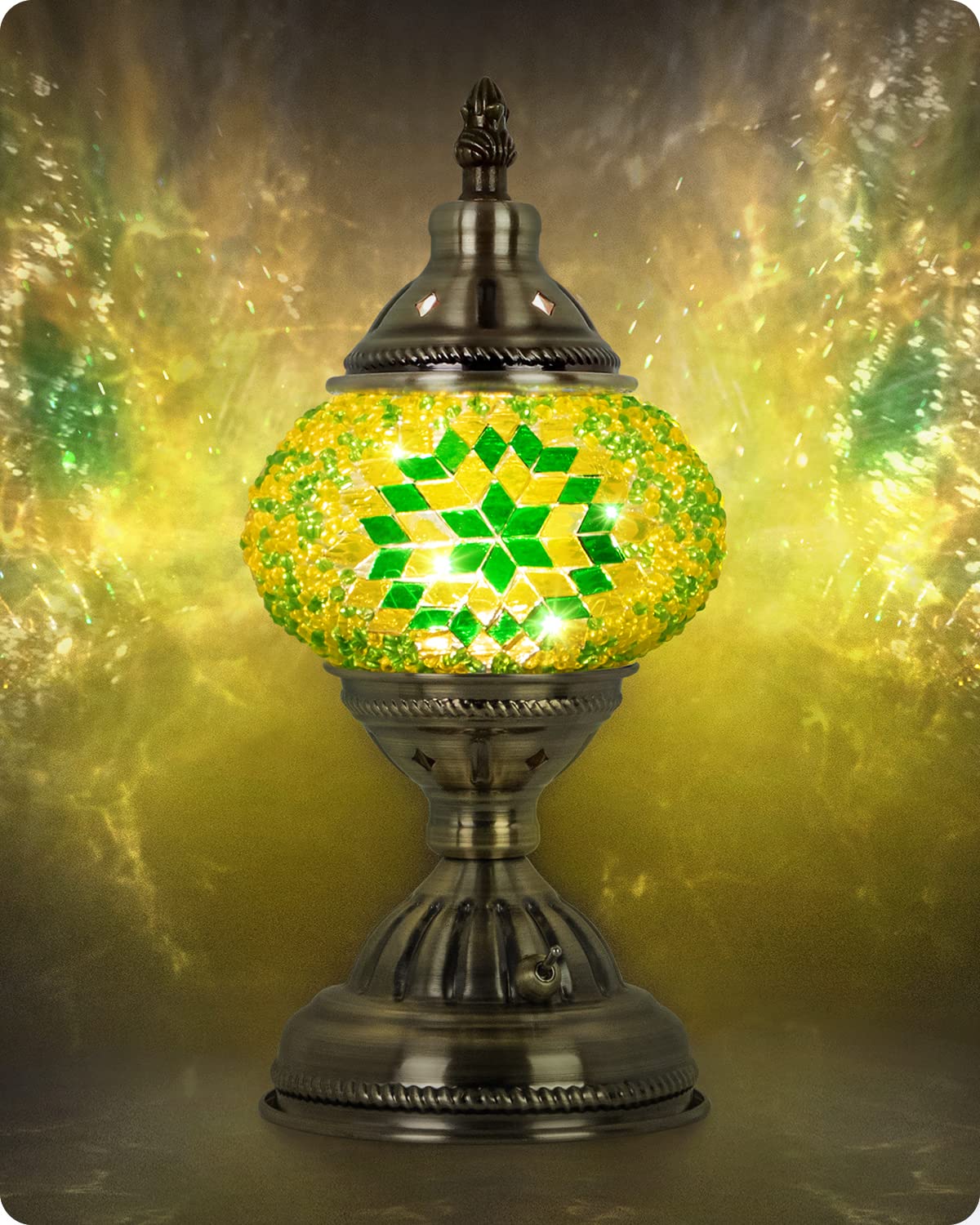 Yarra-Decor Turkish Moroccan Lamp, Handmade Tiffany Mosaic Glass, Portable Bedside Lamp, Rechargeable 2000mAh Battery, Green2