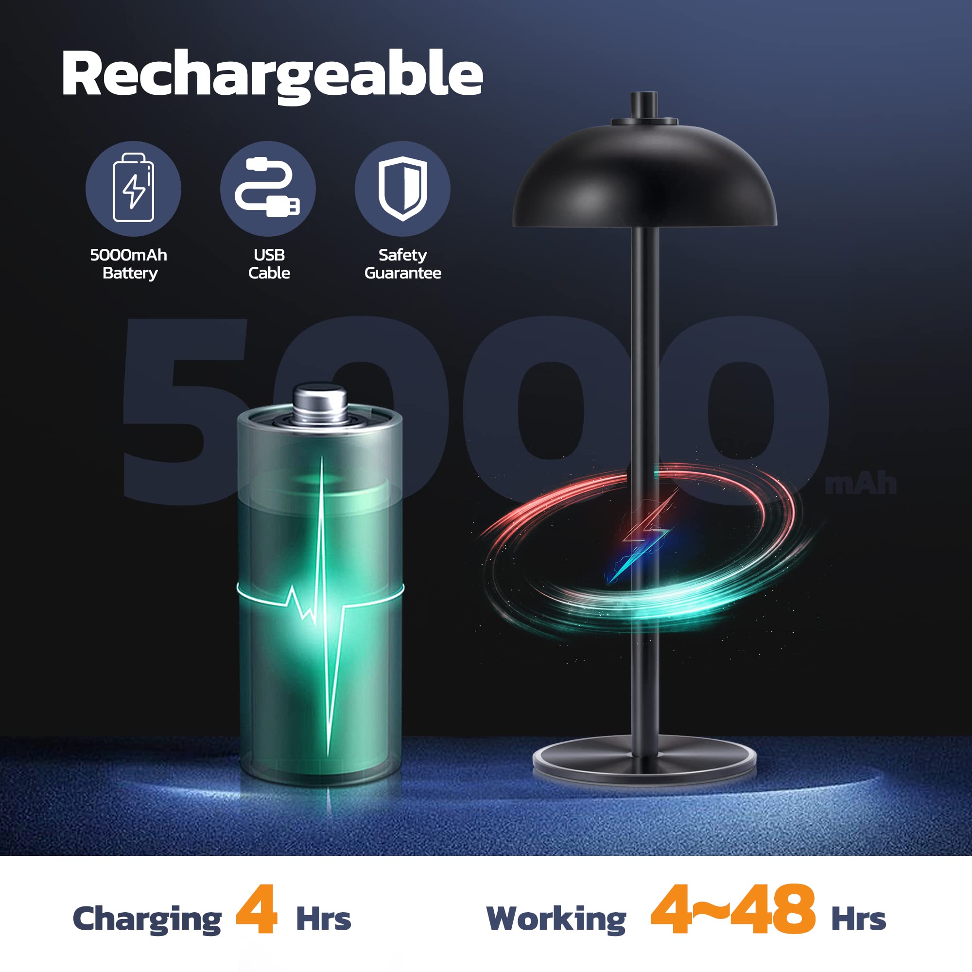 Jonemo Cordless Rechargeable Table Lamp - 5000Mah Led, 3 Color Dimmable, Black