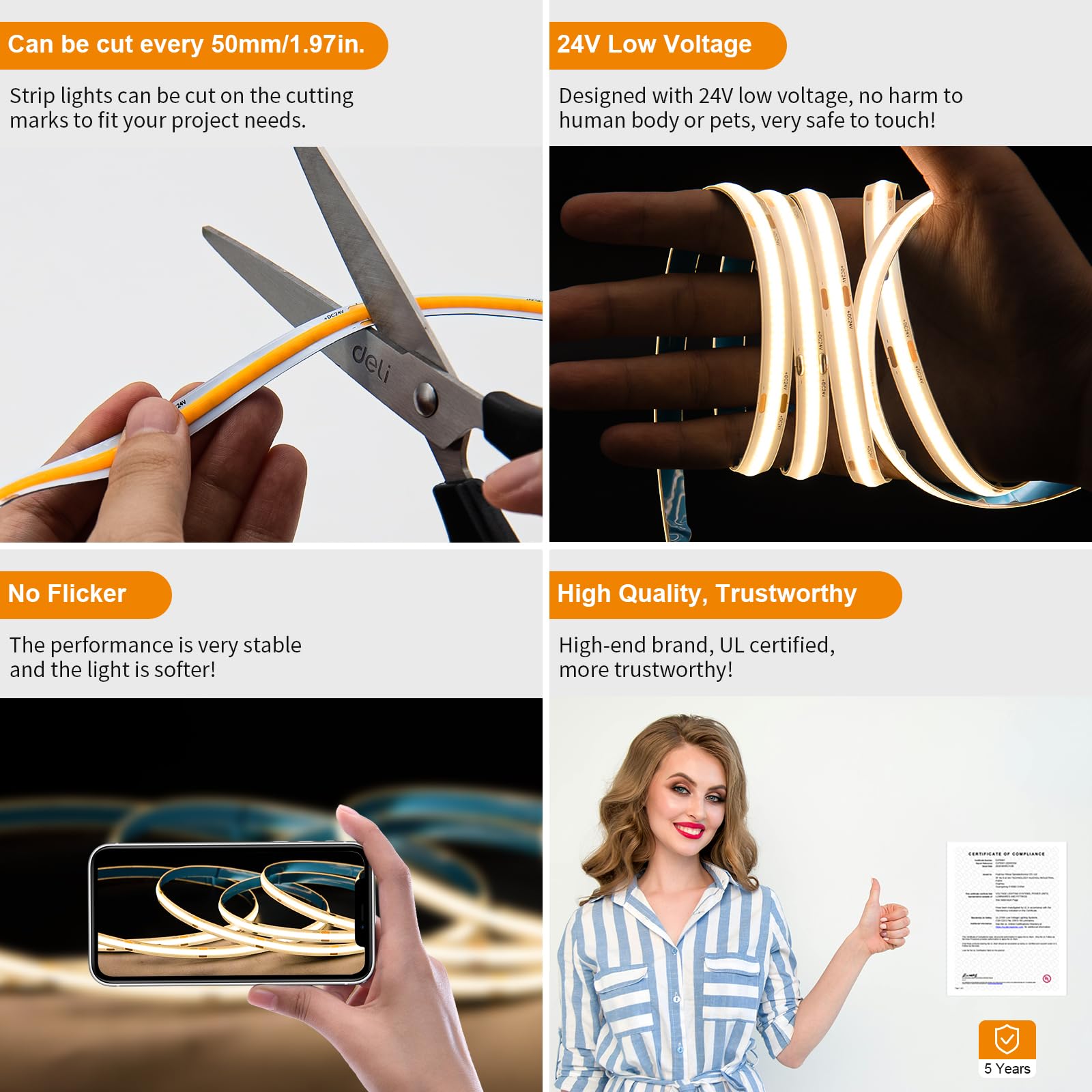 Pautix Cob Led Strip Light 16.4Ft/5M 2400Leds Warm White 3000K,Cri93+ Super Bright High Lumen,Dimmable 24V Flexible Led Tape Lig