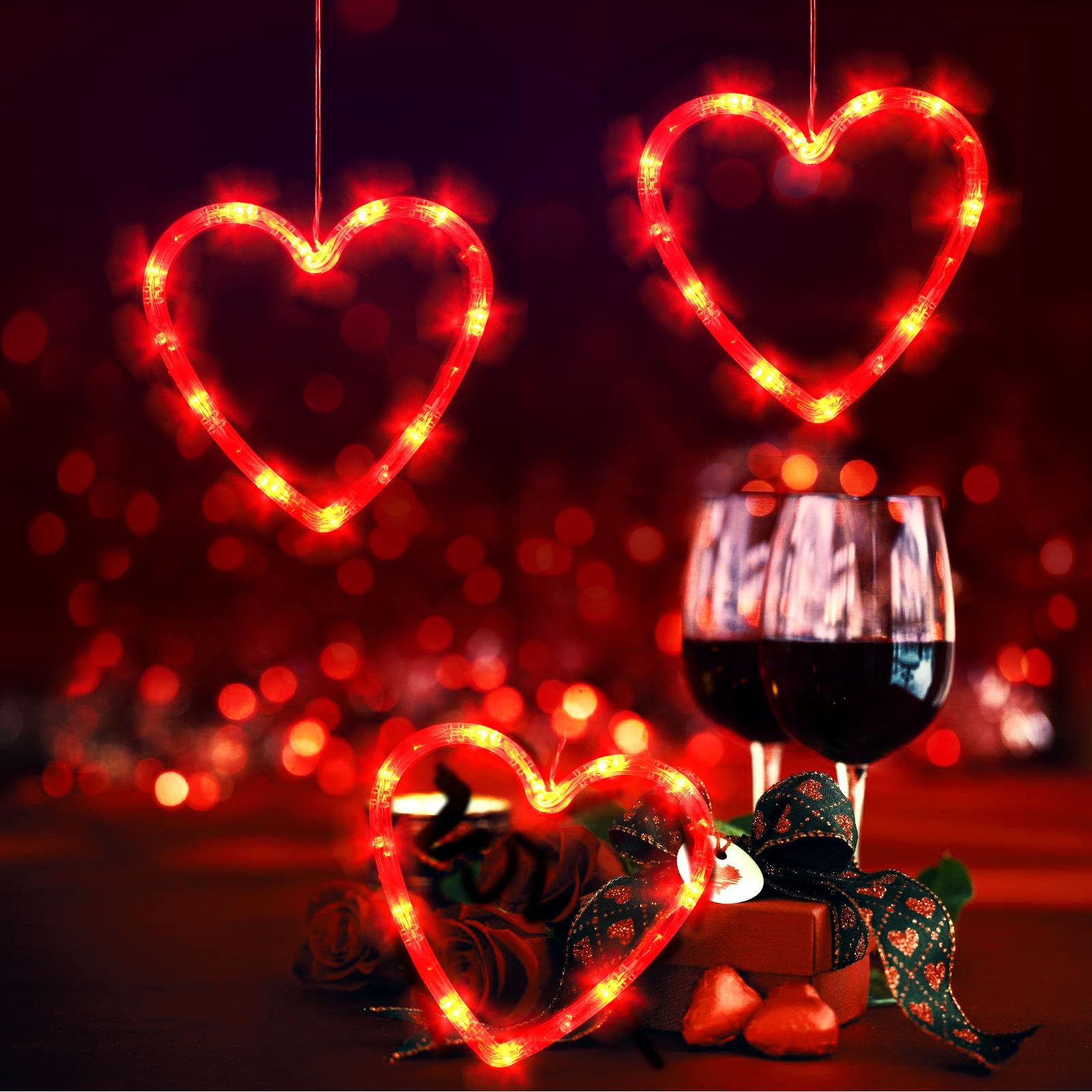 3Pcs Valentine'S Day Window Lights, Red Heart Shaped Valentine'S Day Window Decorations Battery Powered Hanging Romantic Lights With Suction Cup&Timer For Valentines Day Wedding Anniversary Home Decor