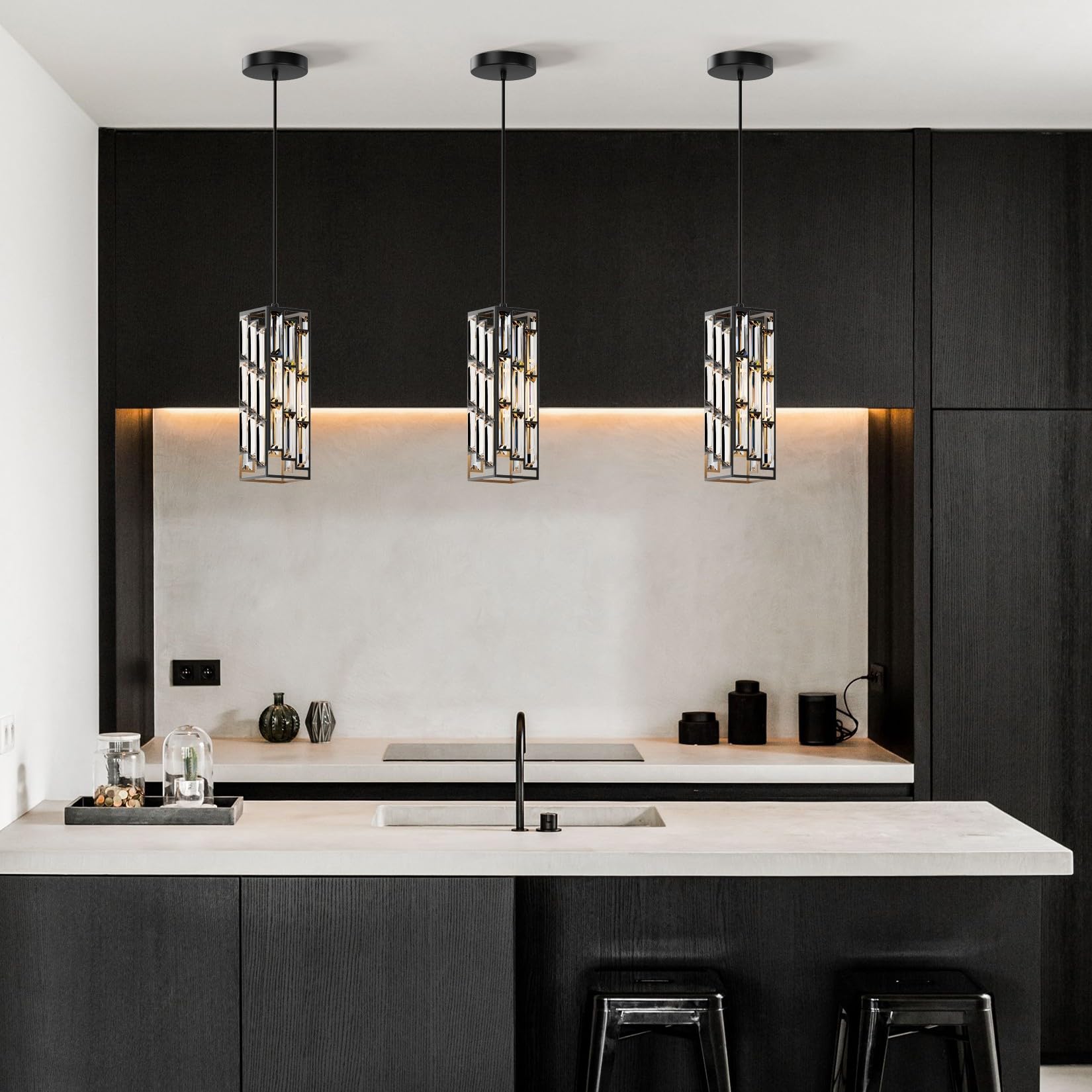 Aoceley Black Pendant Lights Modern Pendant Light Fixture, Mini Crystal Pendant Ceiling Light, Pendant Light For Kitchen Island,