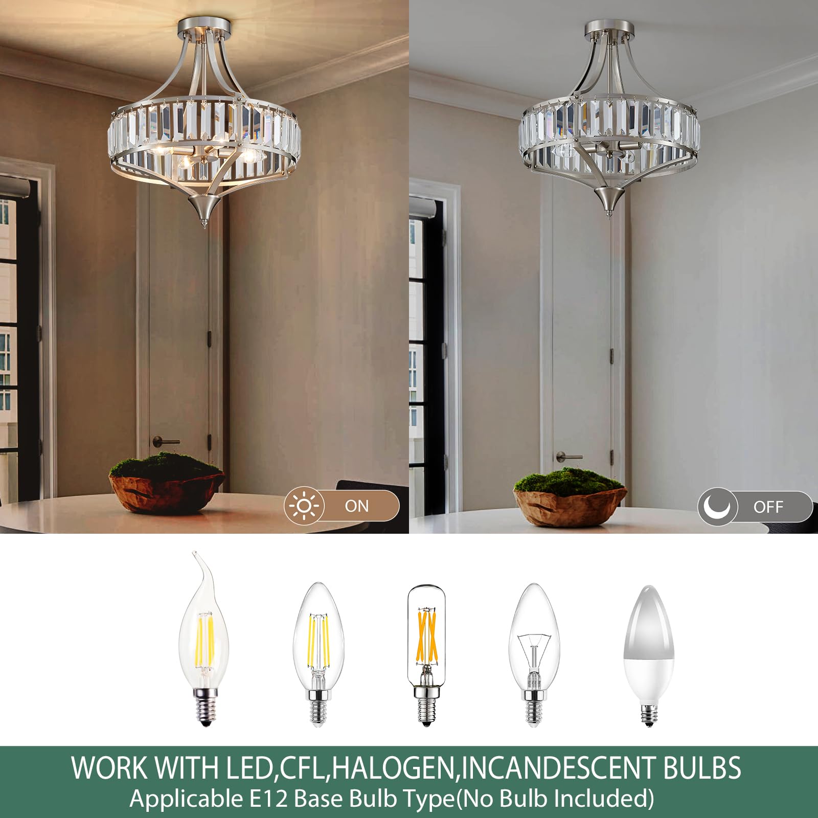 Avzkcy Modern Nickel Chandelier 4-Light Crystal Ceiling Light Fixtures 16 Inches Flush Mount Lamp Suit For Living Room Kitchen I