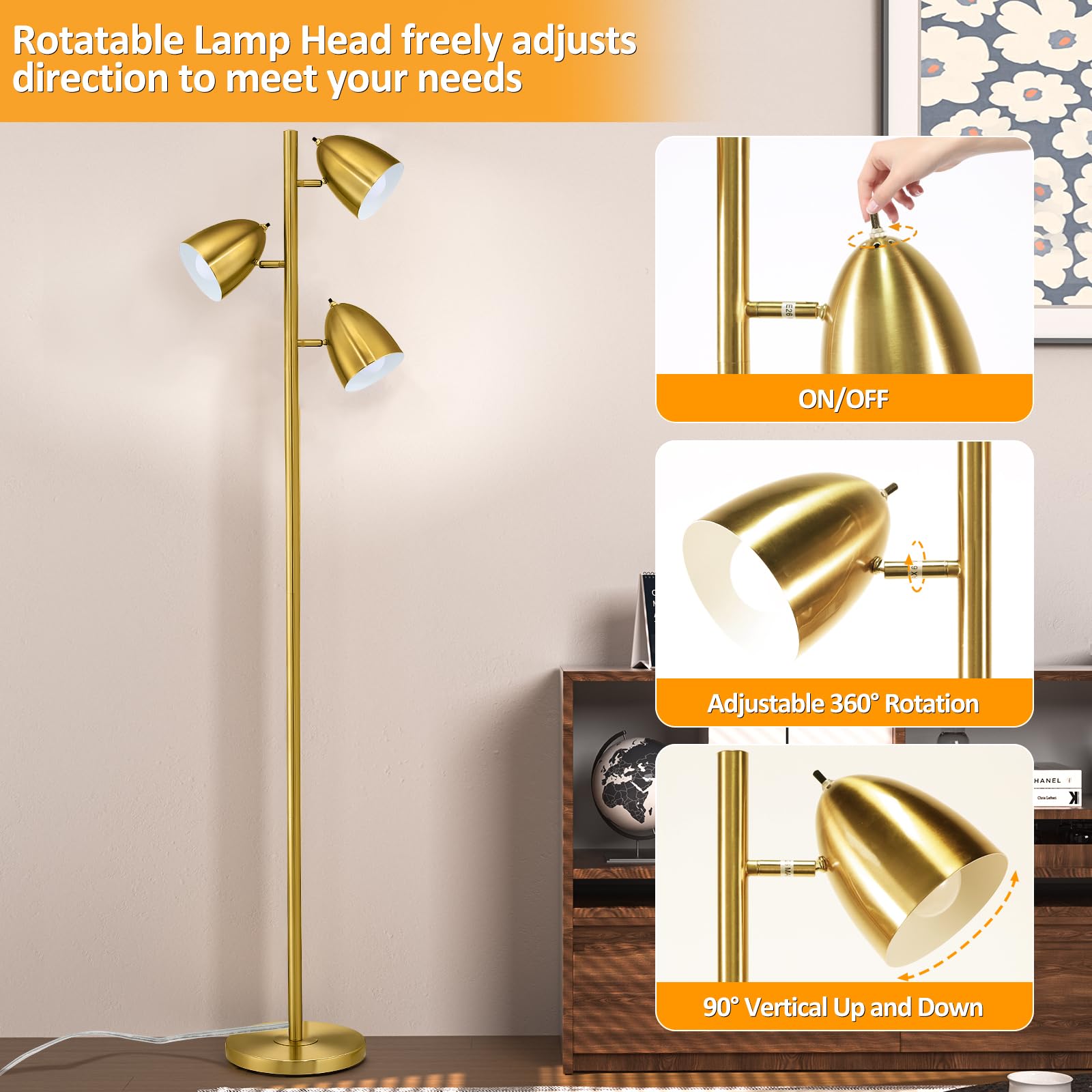 CNXIN Tree Floor Lamp with 3 Light Bulbs Standing Tall Pole Lamps with Adjustable Metal Heads 65 Reading Stand up Lamps with E26