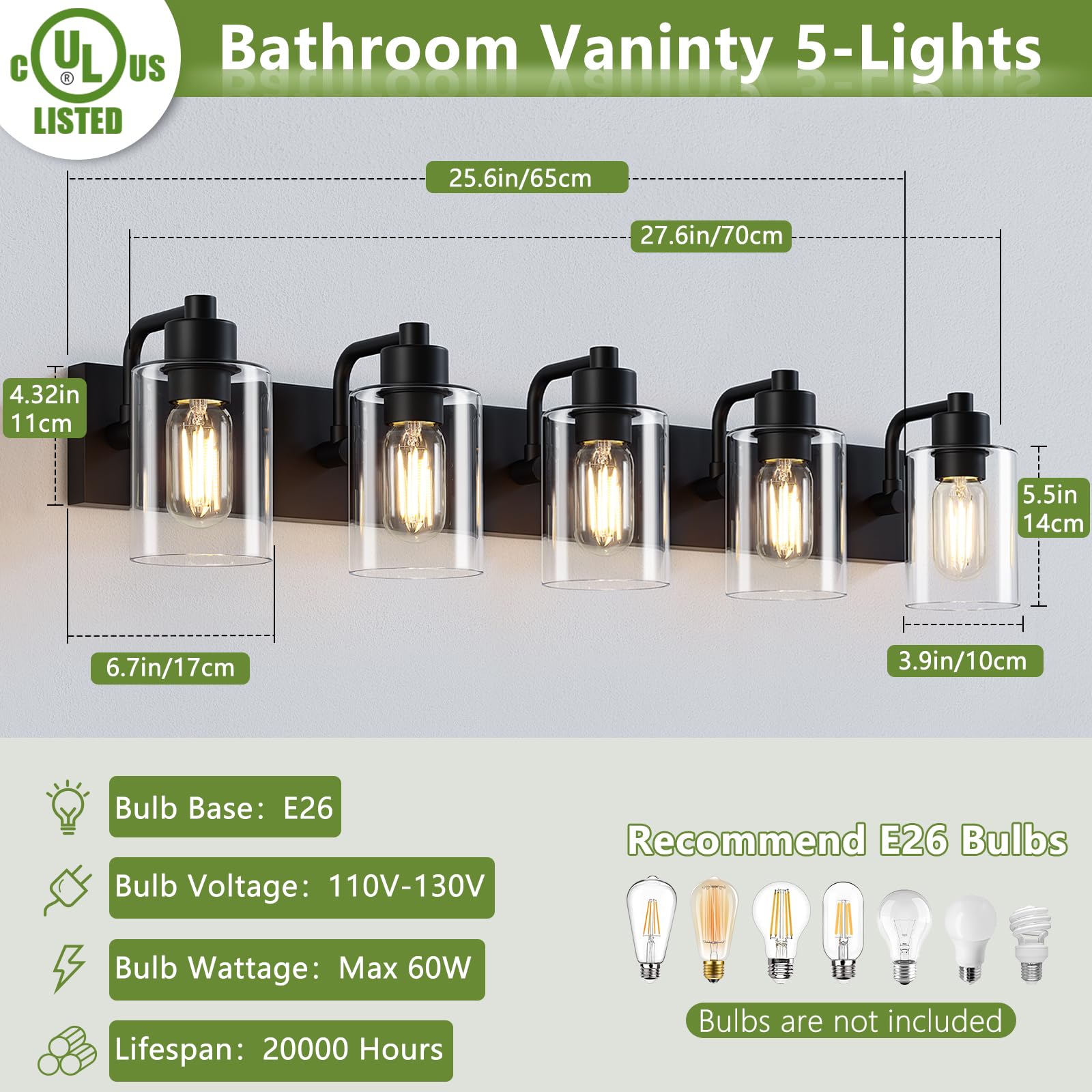Dpyrrhic 5-Light Vanity Light Fixture, Matte Black Bathroom Lights with Clear Glass Shade, Wall Sconces for Bathroom and Hallway