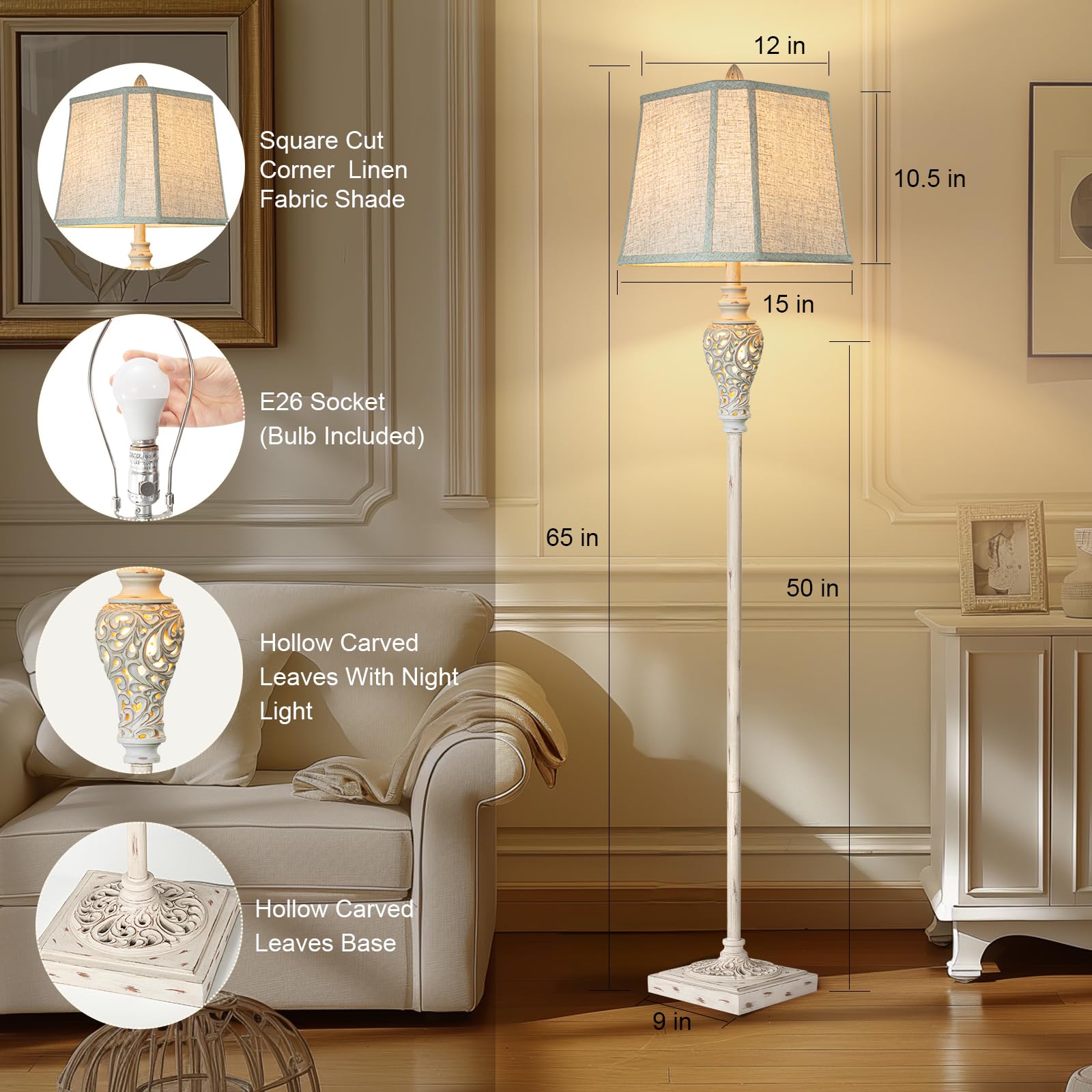 Rustic Floor Lamp 65'' Tall With Nightlight Cut Corner Linen Fabric Shade Vintage Standing Lamp For Living Room, Bedroom, Office