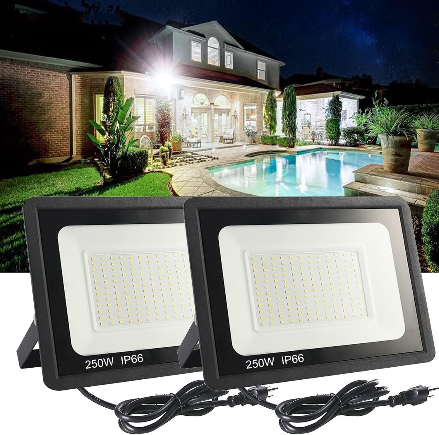 MUCLUD 2Pack LED Flood Light Outdoor,250W LED Work Light 25500lmwith 6FT US Plug,IP66 Waterproof Exterior Security Lights,6000K 