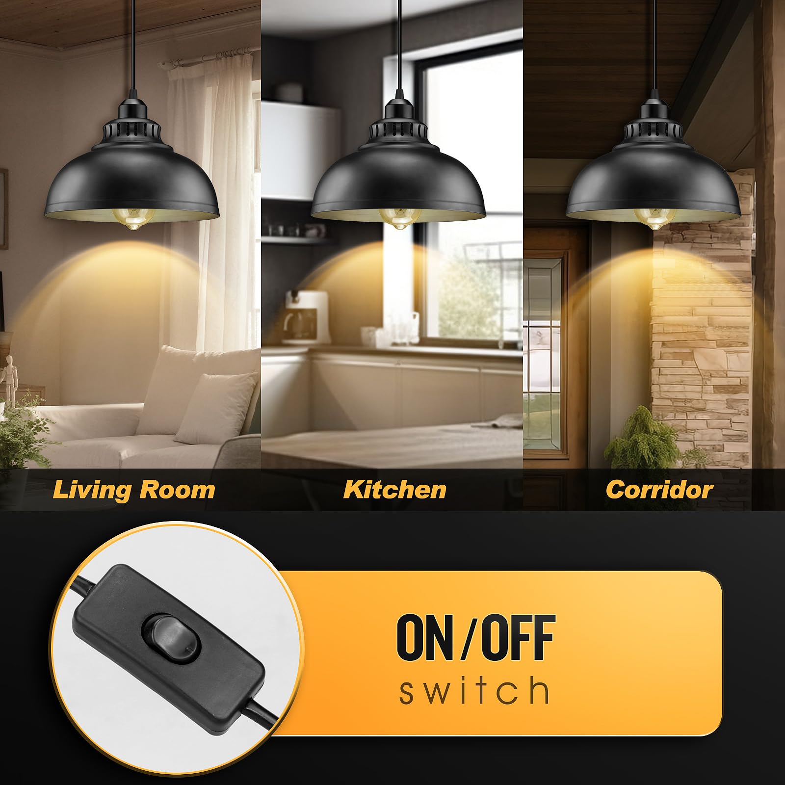 Plug In Pendant Light, 15Ft Hanging Lights With Plug In Cord, On/Off Switch, Industrial Pendant Light With Plug In Cord, Metal H