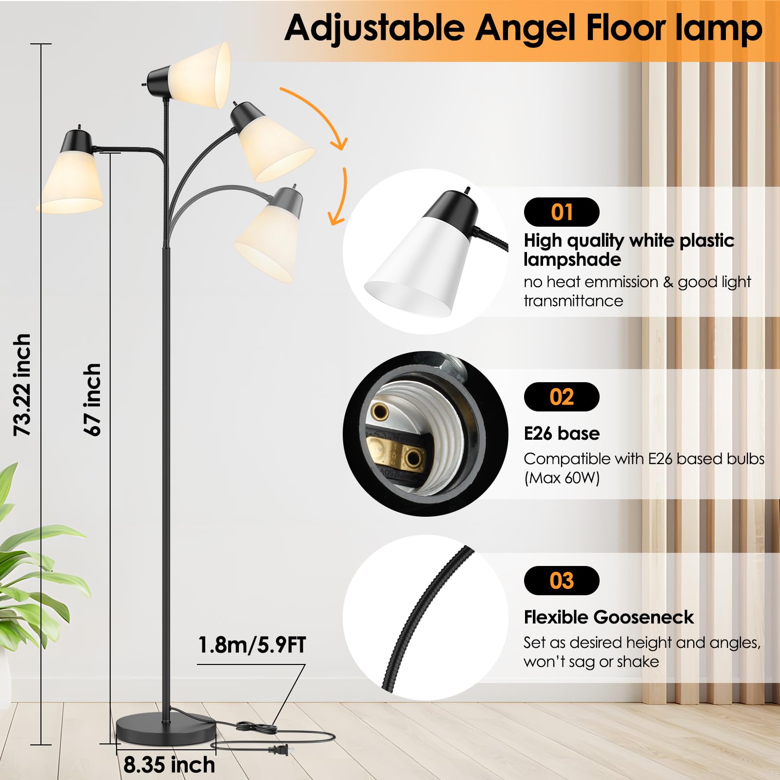 Coucrek Floor Lamp For Living Room, Adjustable Gooseneck Standing Lamp With White Plastic Shade, Black Reading Floor Lamps For D