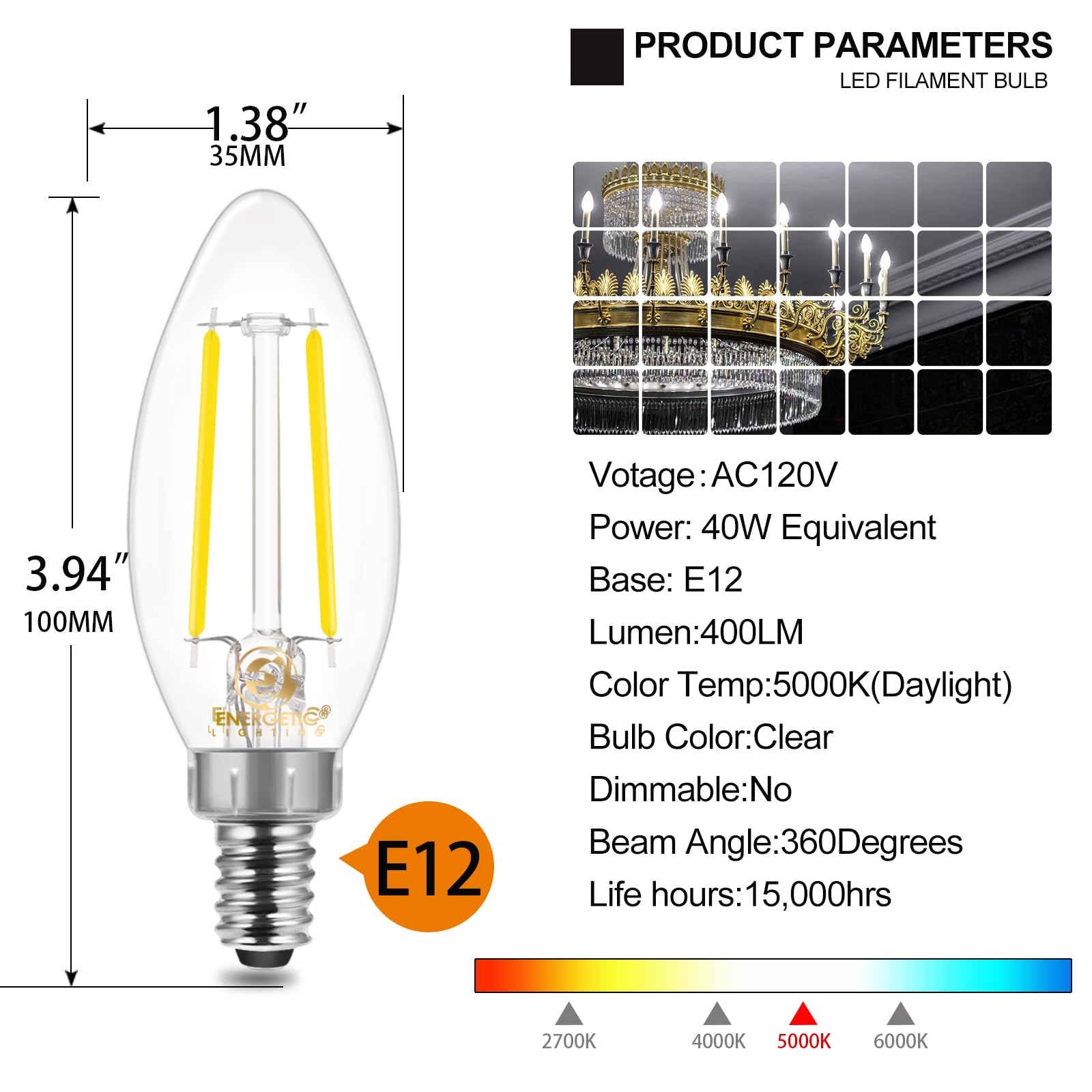 Energetic E12 Led Classic Candelabra Clear Light Bulb, 4W, Equivalent 40W, 400 Lumens, Daylight 5000K, Filament Clear Glass Cand