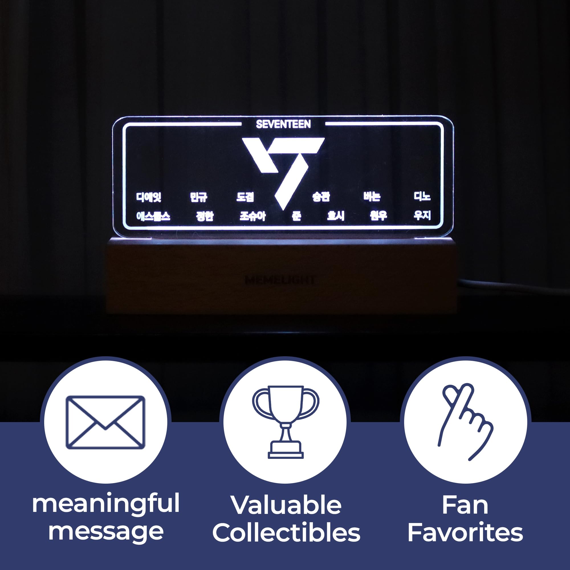 MEMELIGHT Seventeen Night Light, Kpop Lamp, 7 RGB Colors, Dimmer, Wood, 8.3 x 4.2 x 1.7 inches, Multicolor,