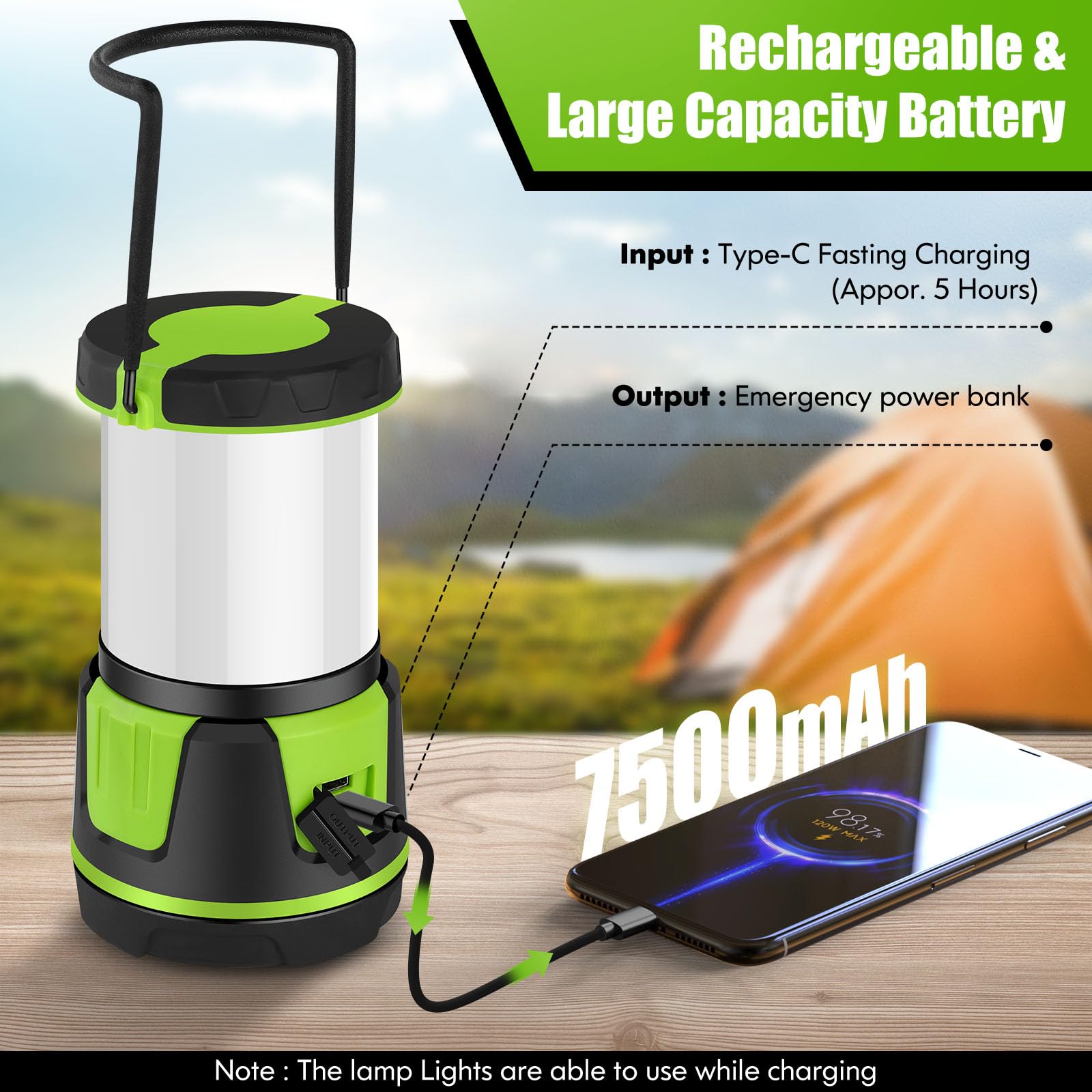 Cullaby Rechargeable Camping Lantern 3000 Lumens, IP54 Waterproof, 7500mAh Battery, Green, Model CAMP-0001
