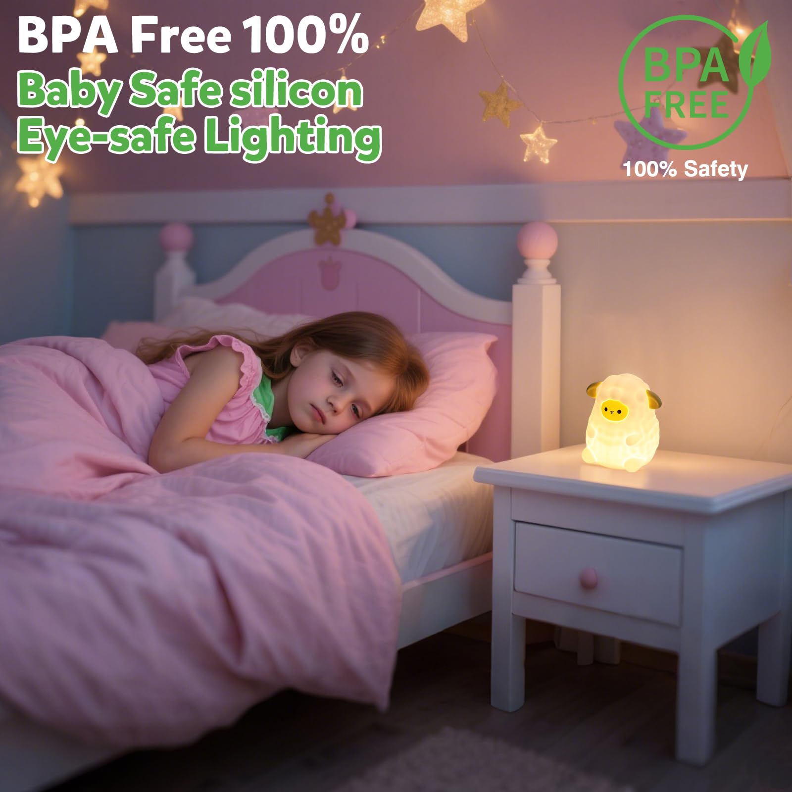 ollycasa Cute White Sheep Night Light for Kids, 7-Color Changing & 3 Adjustable Brightness Levels,Rechargeable Silicone Bedside