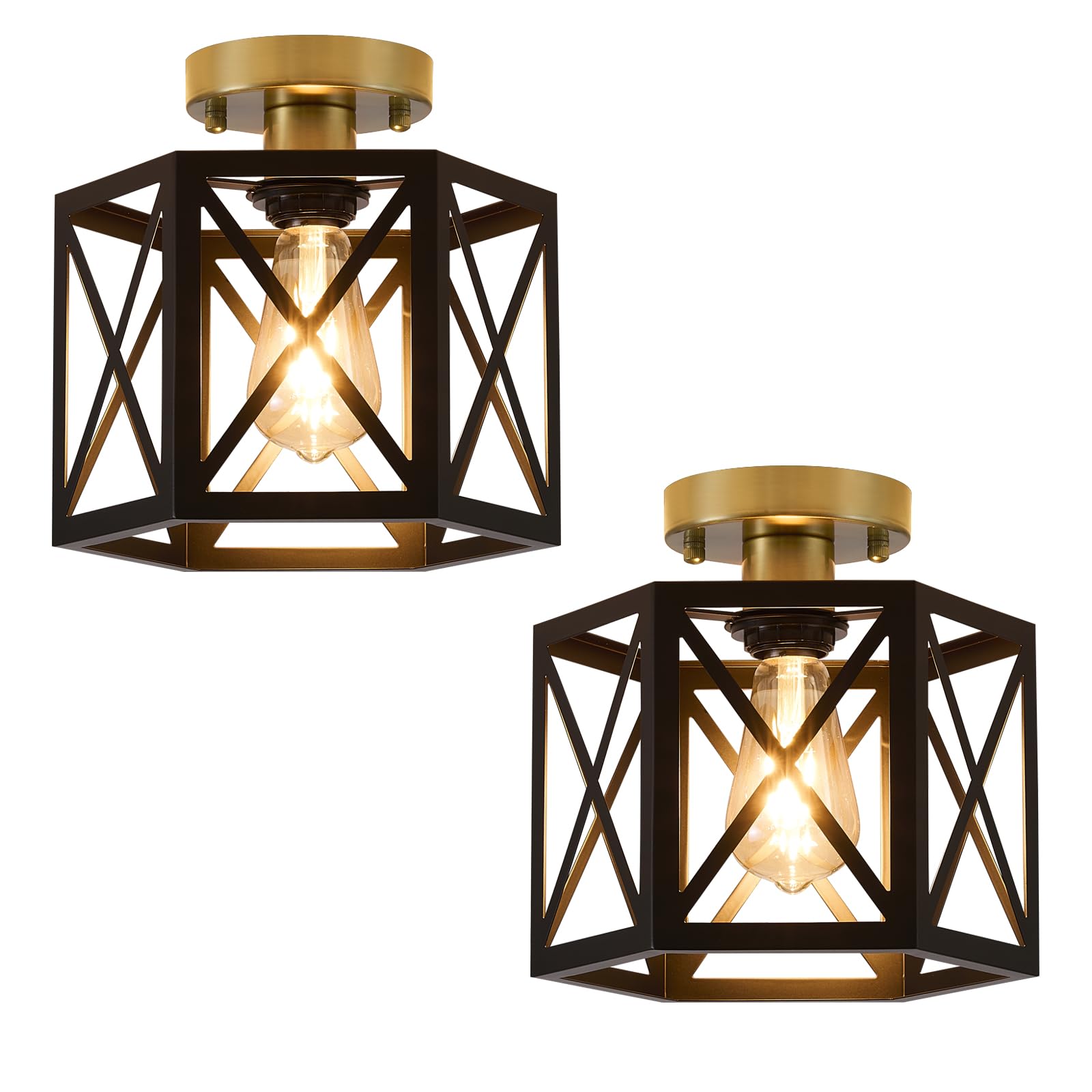 XSDeTu Flush Mount Ceiling Light, Black & Gold Metal, Hexagonal Cage Design, Modern Small Chandelier, 2 Pack