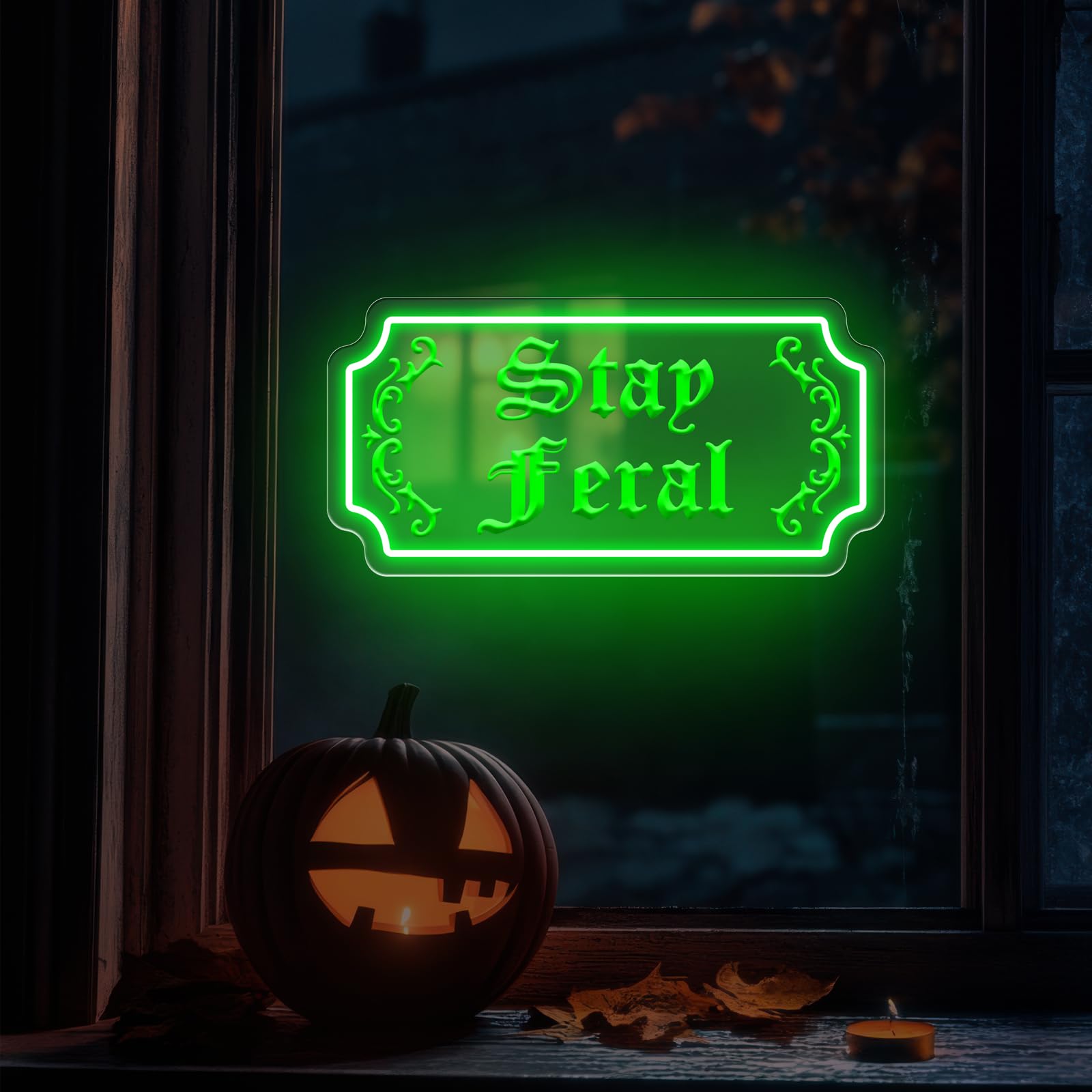 Stay Feral Neon Sign Gothic Decor Led Light Goth Lover Gift Halloween Decoration Bat Neon Sign Decor Ghost Spooky Wall Art  15.7X7.9  Green