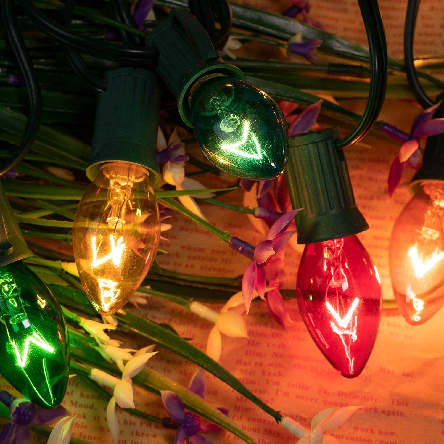 Minetom C9 Bulb String Lights 50FT Multicolored Green Wire E17 Base for Outdoor Patio Christmas Tree Party Decoration
