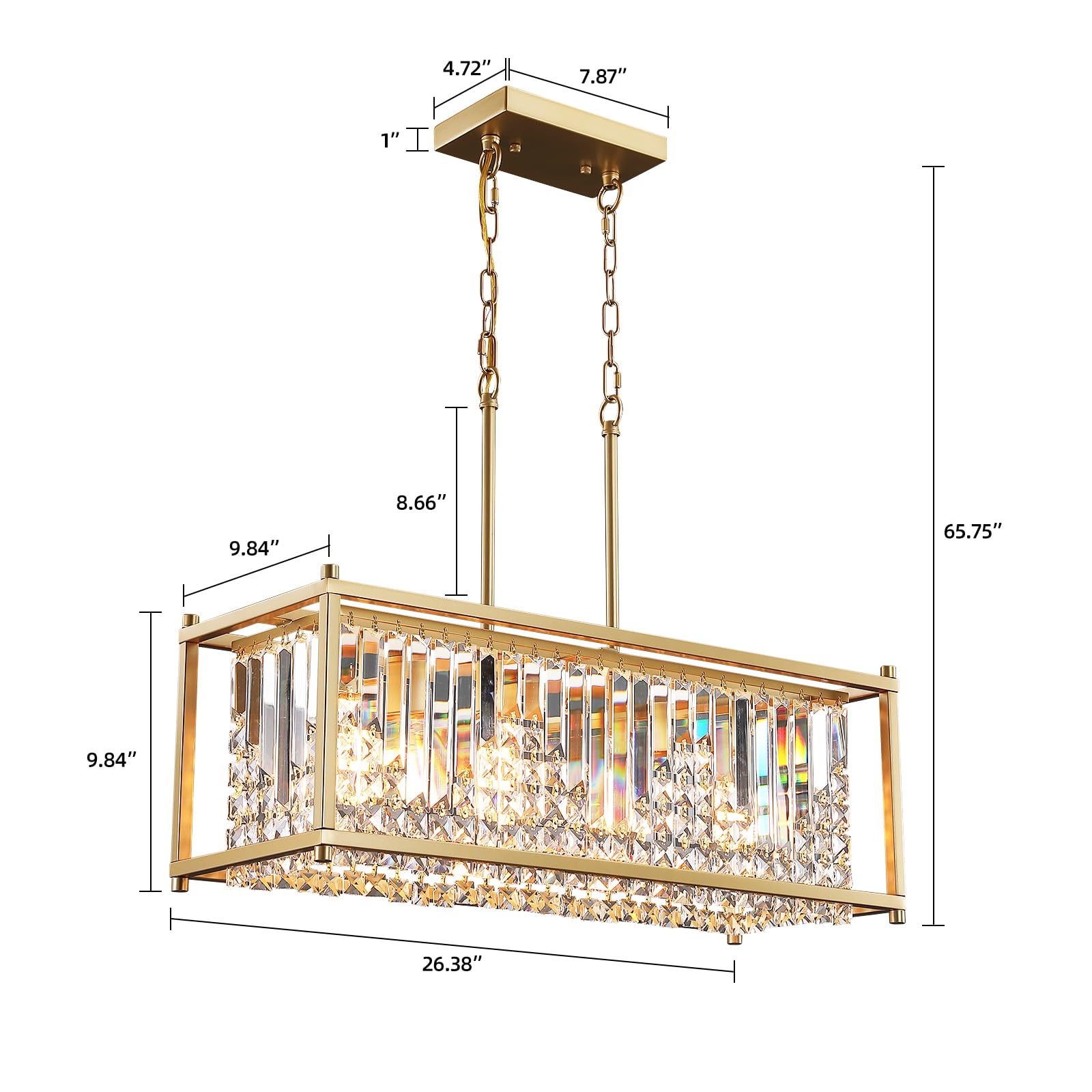 Q&S Gold Modern Chandelier, 4-Light Rectangle Crystal Fixture for Dining Room, Kitchen, Living Room, Office, Model P2016-4B-GD