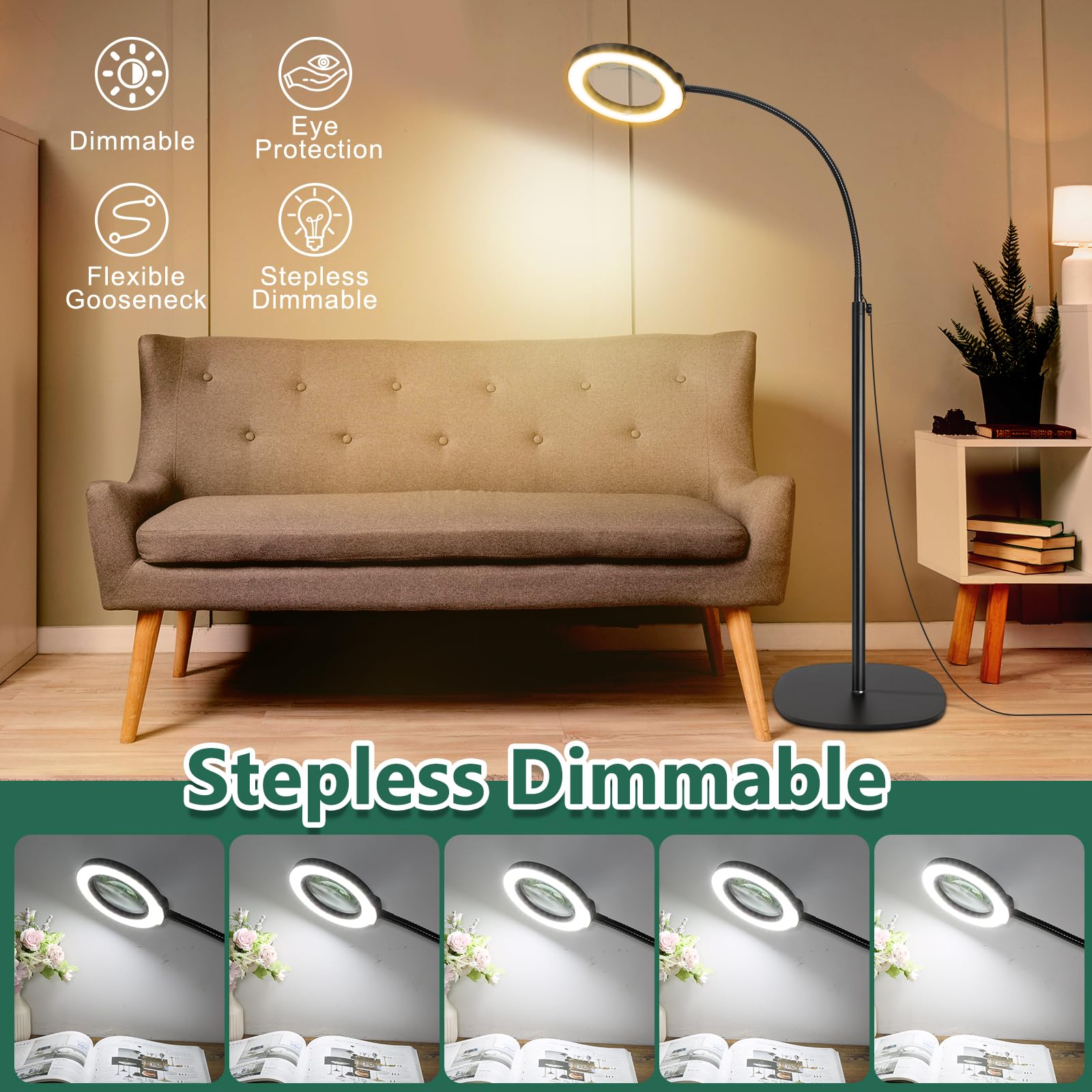 Seylae 10X Magnifying Glass with Light, 24in Gooseneck LED Floor Lamp, Optical Glass Lens, Black, Model BLFG609E01ES
