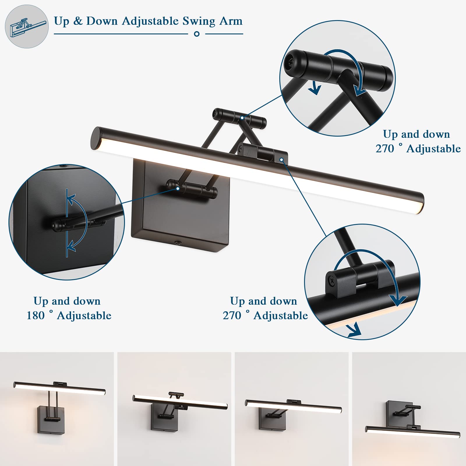 Joossnwell LED Picture Light, 15.5" Dimmable Black Art Lamp, Hard-Wired, Adjustable Swing Arm, Model 9890, Warm White 3000K