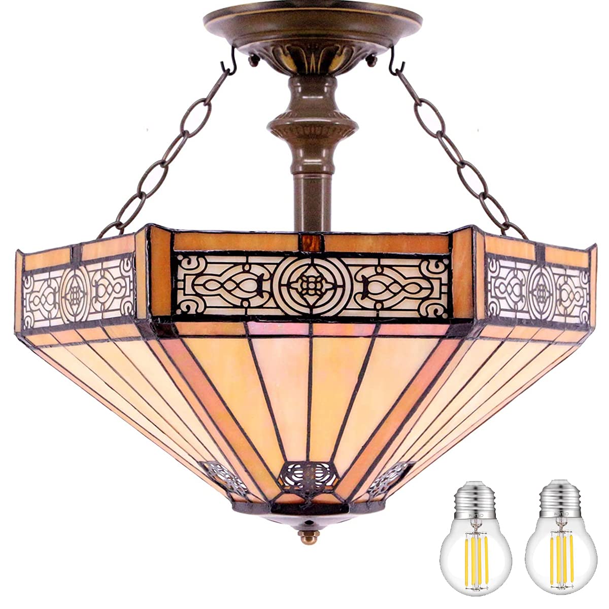 WERFACTORY Tiffany Ceiling Light Fixture Yellow Hexagon Stained Glass Mission Semi Flush Mount Lamp Wide 16 Inch Height 15 Inch