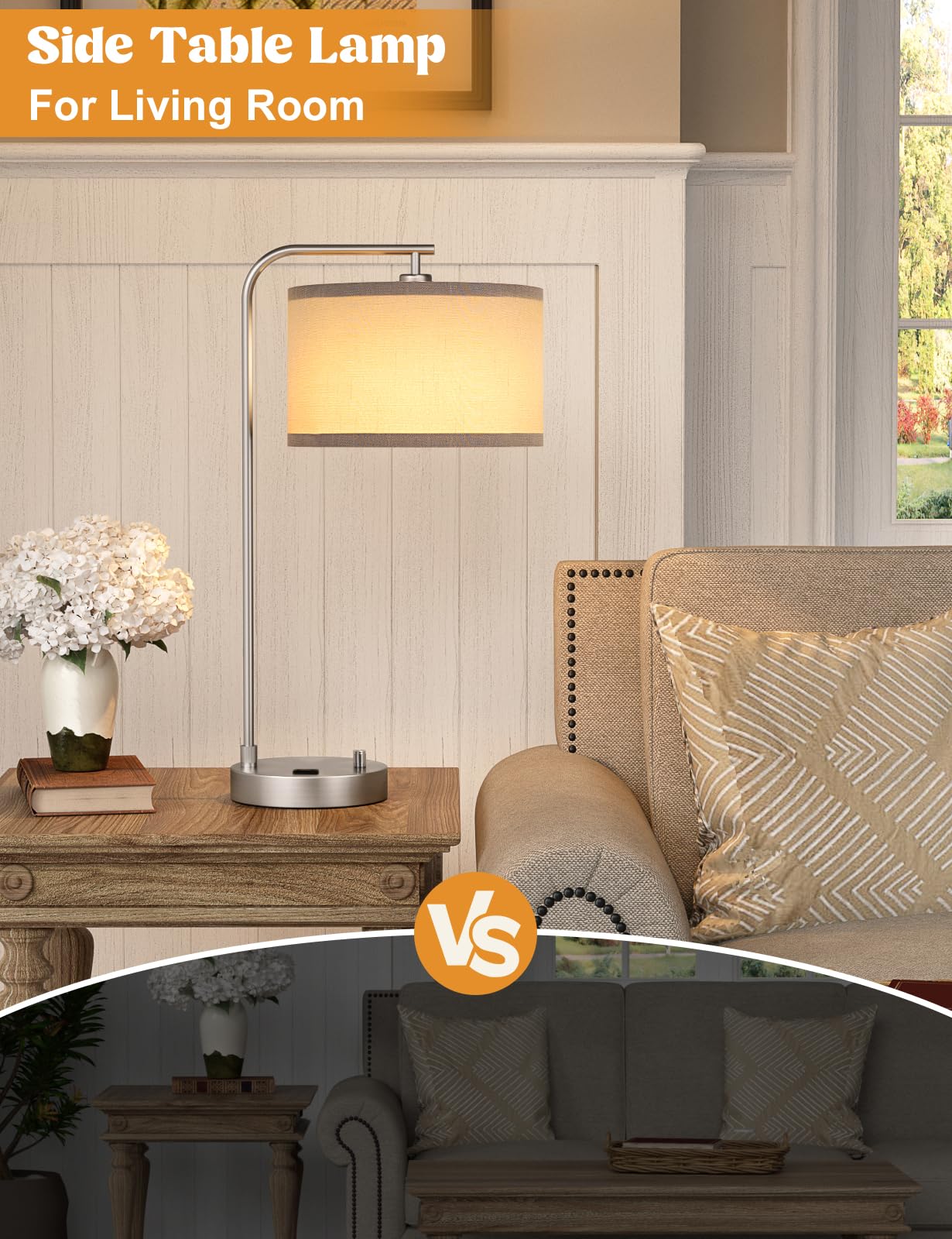 Innqoo Gray Side Table Lamp with USB Port, Dimmable, Fabric Shade, 11.6x20.7 inches, Silver Base, Ideal for Bedroom and Home Office