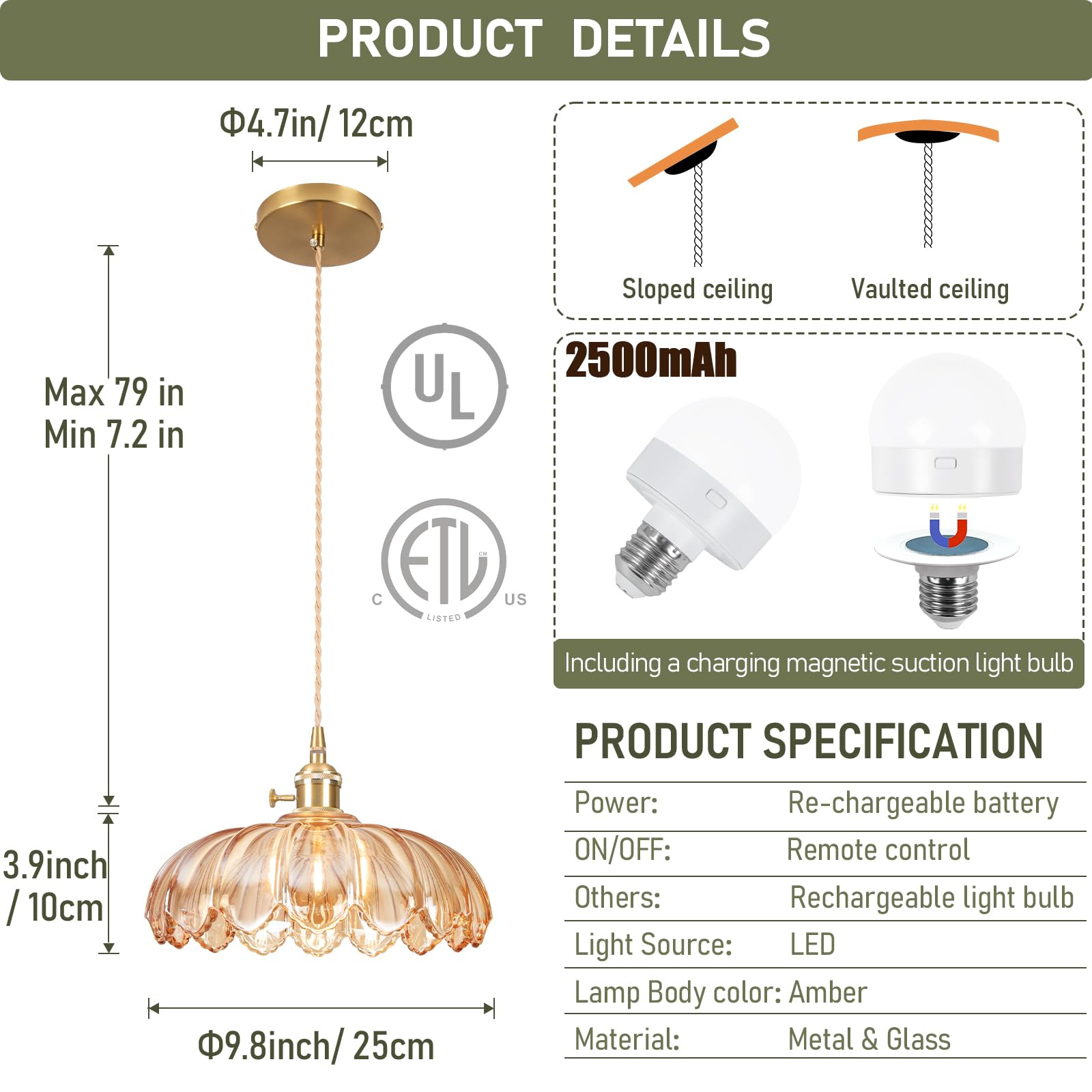 Loiogohot Battery Operated Pendant Light, RGB 9.8in, Glass, Peony Amber, Model PL-BN1178-CD-AM, Wireless, Adjustable, Rechargeable