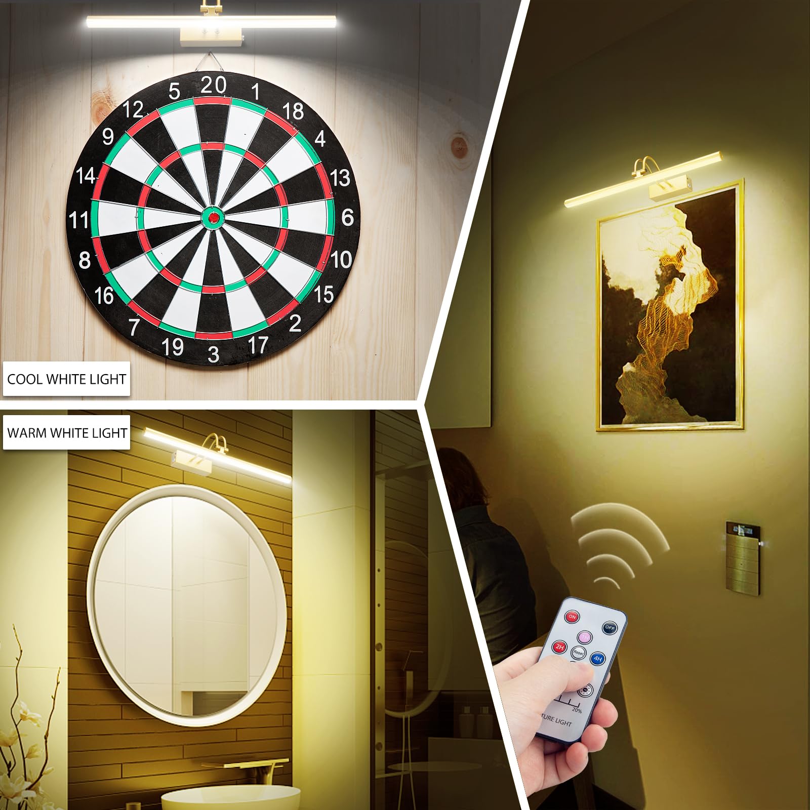 Raifoolly Picture Light,2 Colors Art Lights For Paintings,16&quot; Battery Operated Wall Light,Remote Control Accent Light With Timer And Dimmable For Frame,Portrait,Dartboard-Brass