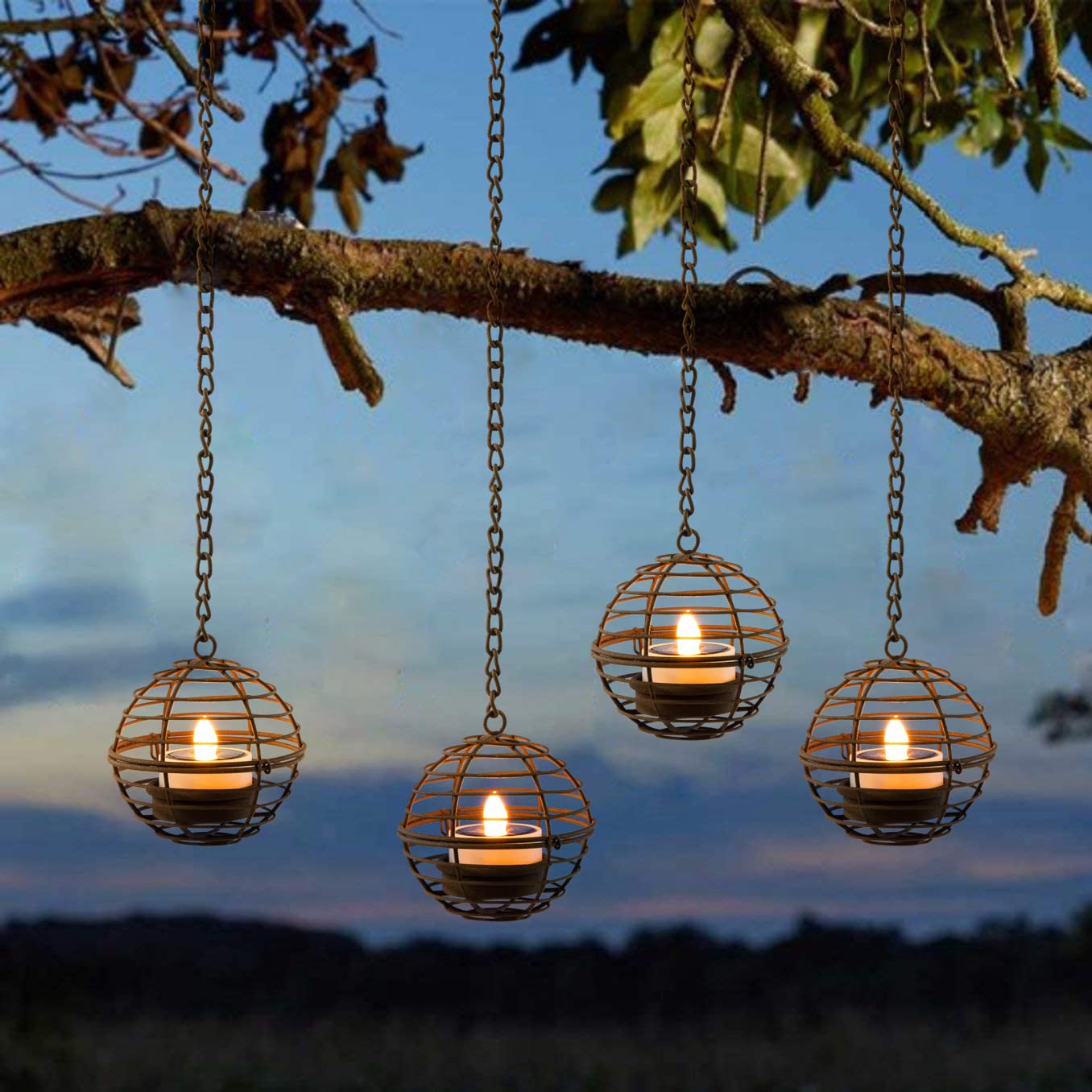 Twinkvilla Solar Hanging Lanterns, Waterproof Rust Iron Ball Candle Holders, Amber Tea Lights - 4 Pack