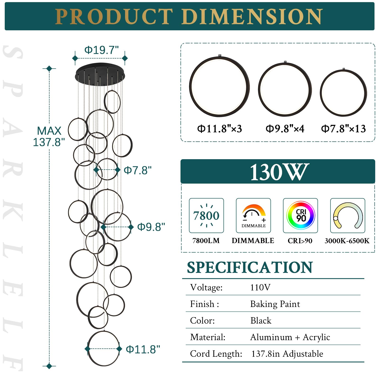 Sparklelf 20 Rings Modern Led Chandelier For High Ceiling Dimmable Black Contemporary Foyer Long Chandelier For Entryway, Long P