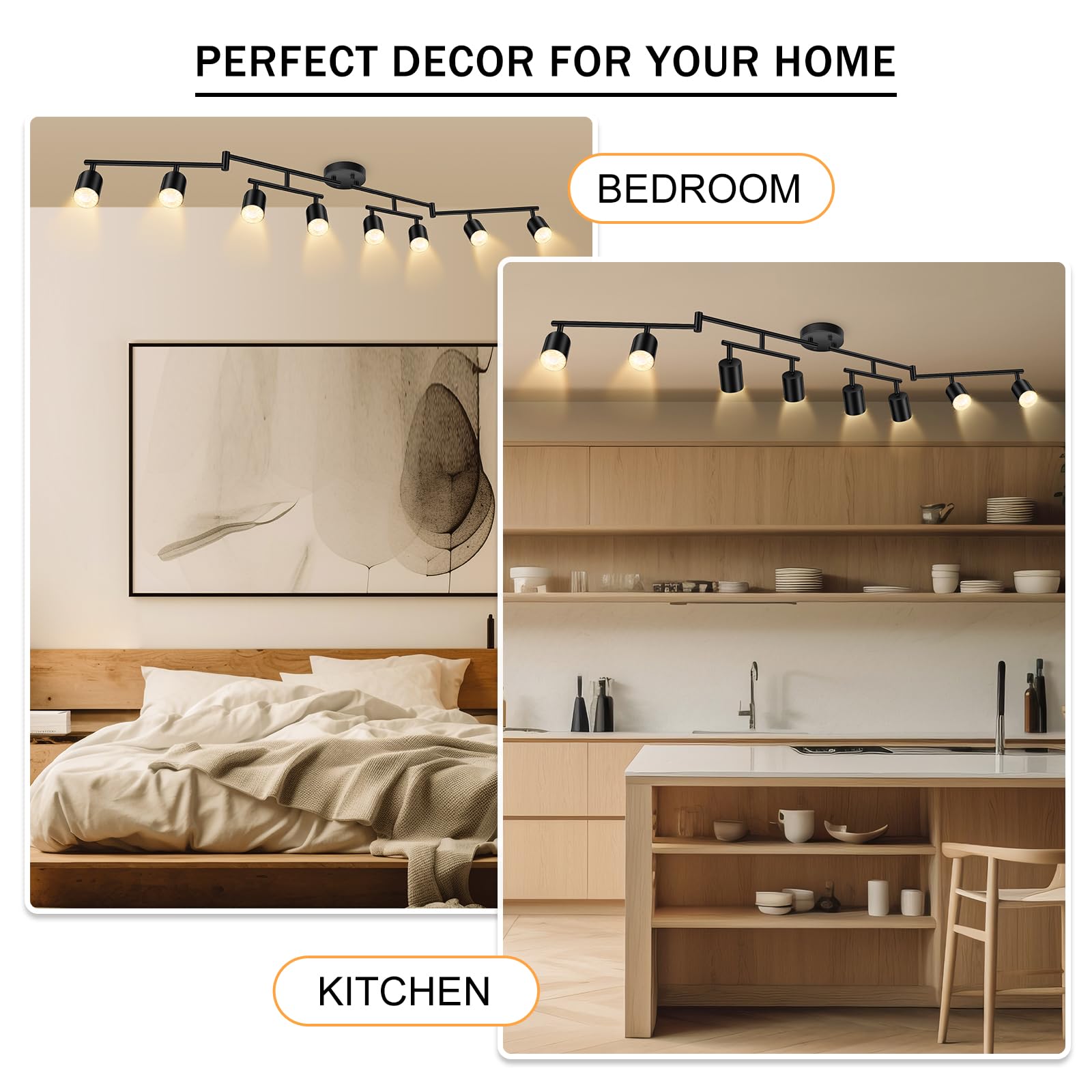 Boostarea Led 8 Light Track Lighting Kit, Black 8 Way Ceiling Spot Lighting, Flexibly Rotatable Light Head For Kitchen, Living R