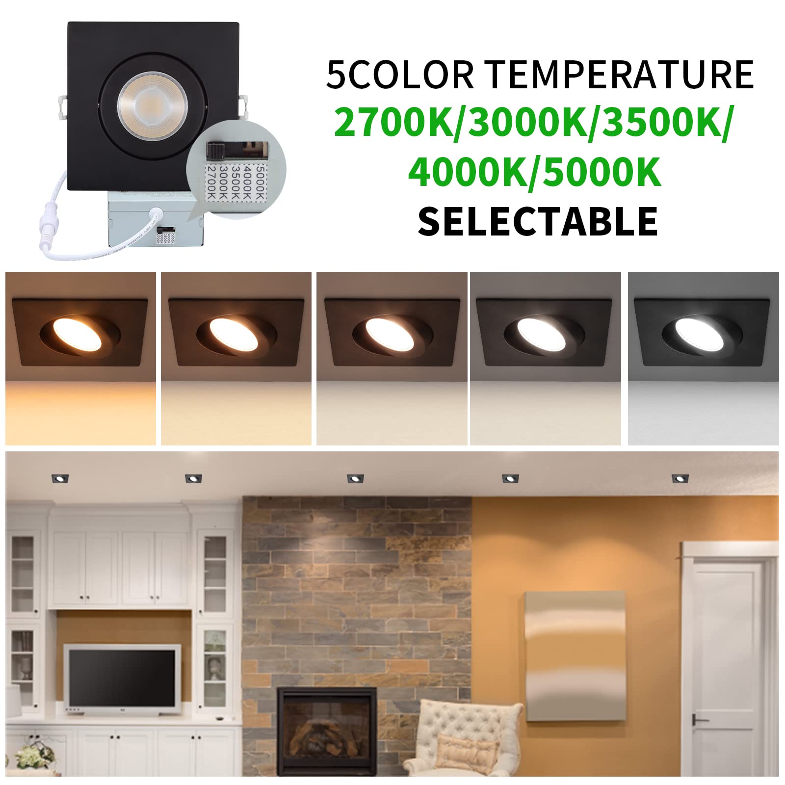 Knlnny Ware Square Black Led Gimbal Lights 6 Pack, Recessed Ceiling Light With Junction Box,5Cct Selectable,9W 750Lm,Dimmable Sl