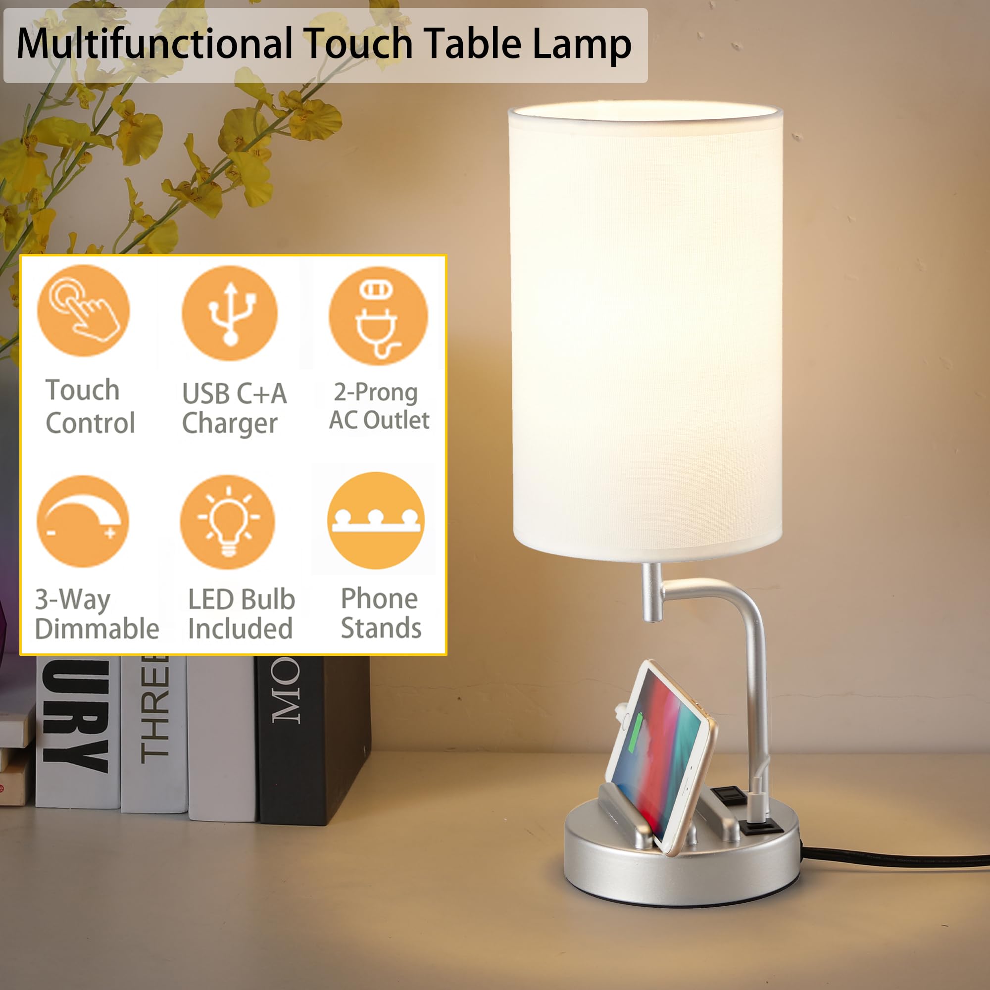 Dreamholder USB Table Lamp, 3-Way Dimmable, Charging Ports & AC Outlet, Silver