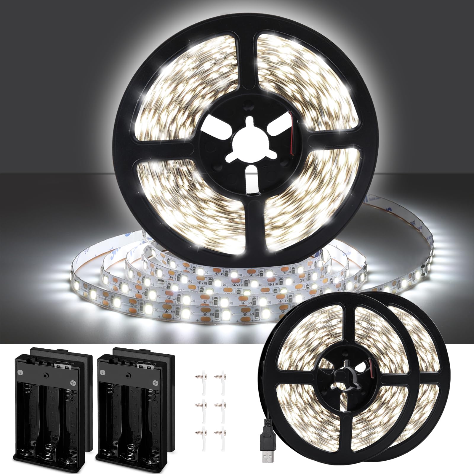 NEWREACH USB LED Light Strip, 16.4ft Daylight White, Cuttable for Bedroom, Mirror, Camping, Model NR-DLS2.5M-Battery-2P