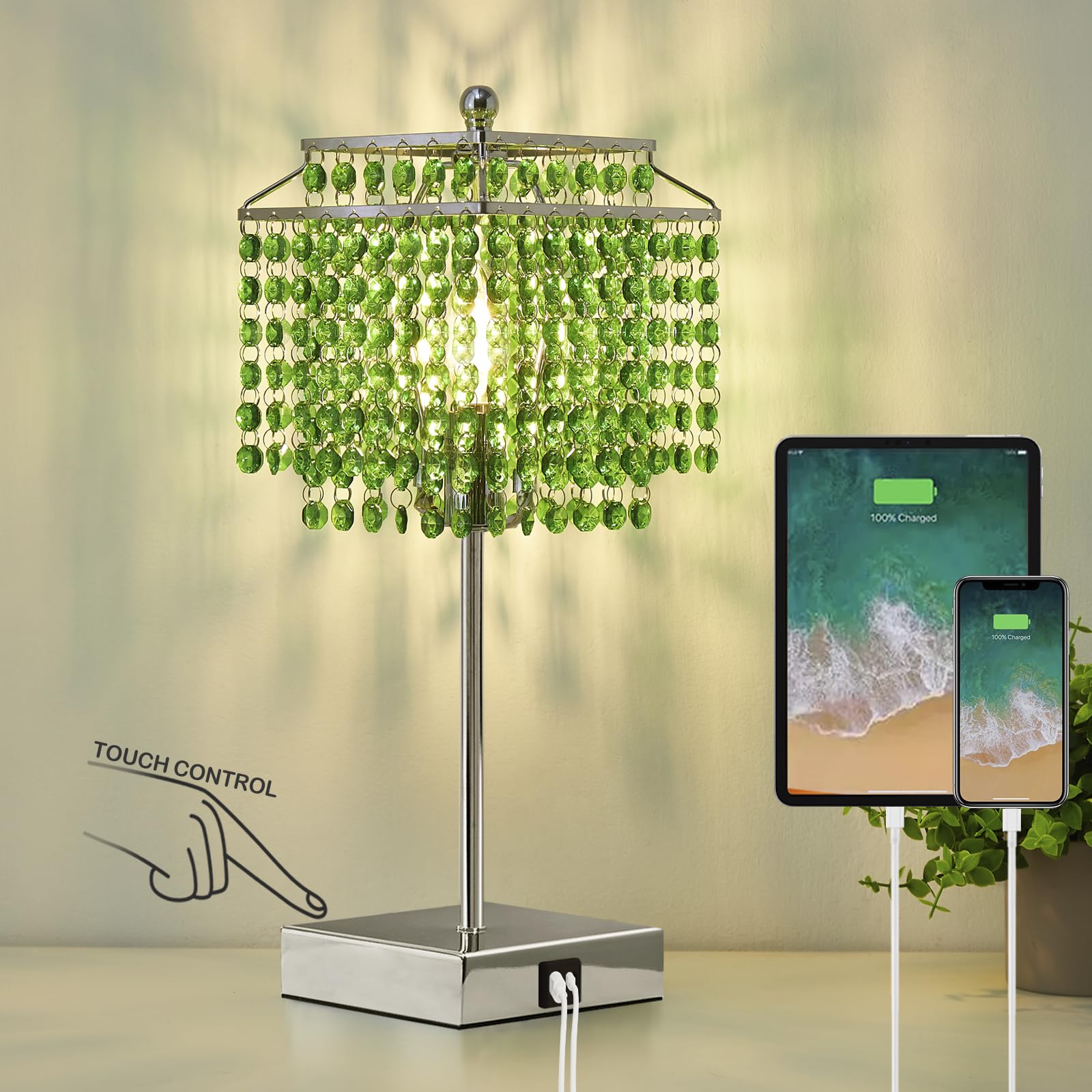 Luvkczc Crystal Table Lamp with Touch Control, 3-Way Dimmable, USB C+A Ports, Green, Model 1TL-71008-03, Acrylic Shade