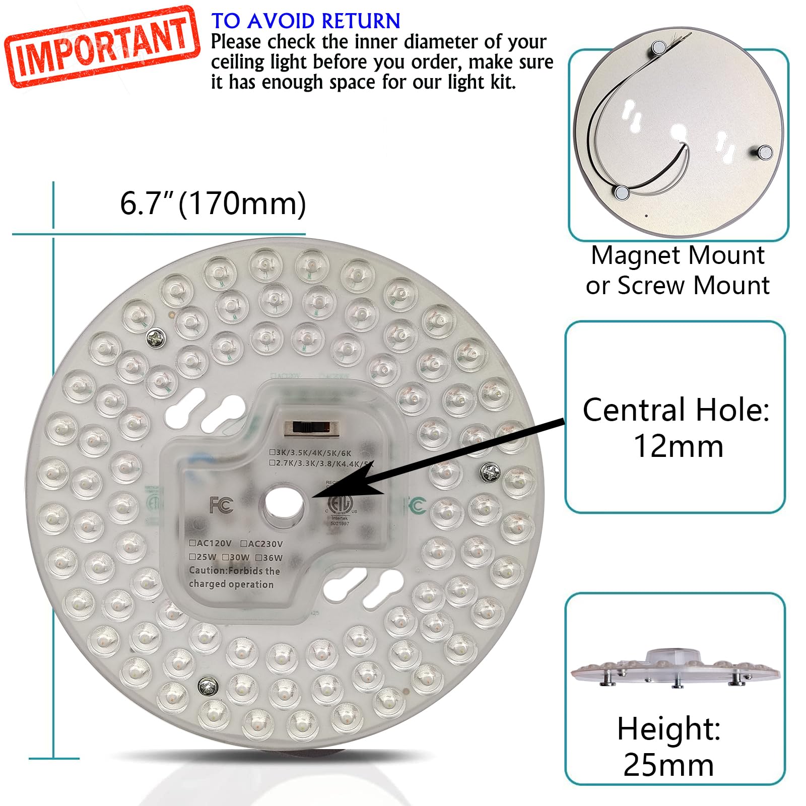Zhairdalstar 18W 24W 36W Dimmable Led Light Engine Retrofit Kit For Ceiling Fan Light Replacement Led Board Panel,5 Color Temper