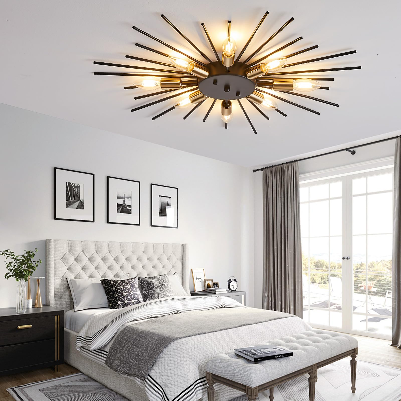 Yunnix Semi Flush Mount Ceiling Ligths 8 Lights Satellite Lights Metal Ceiling Light Gold Modern Ceiling Light Dining Room Light