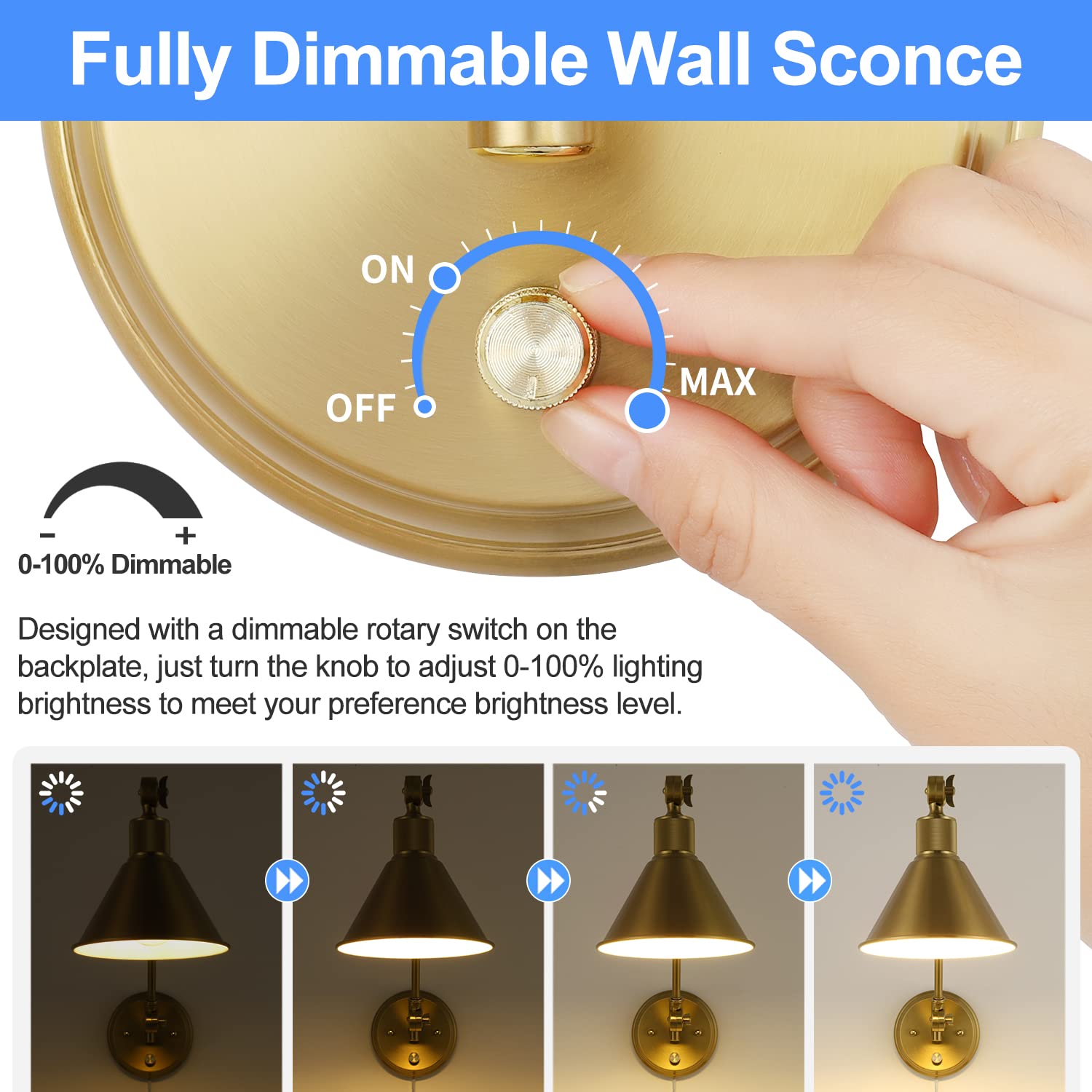 TRLIFE Wall Sconce, Brushed Brass, Dimmable, Swing Arm, E26 Base, Plug-in, 1 Pack