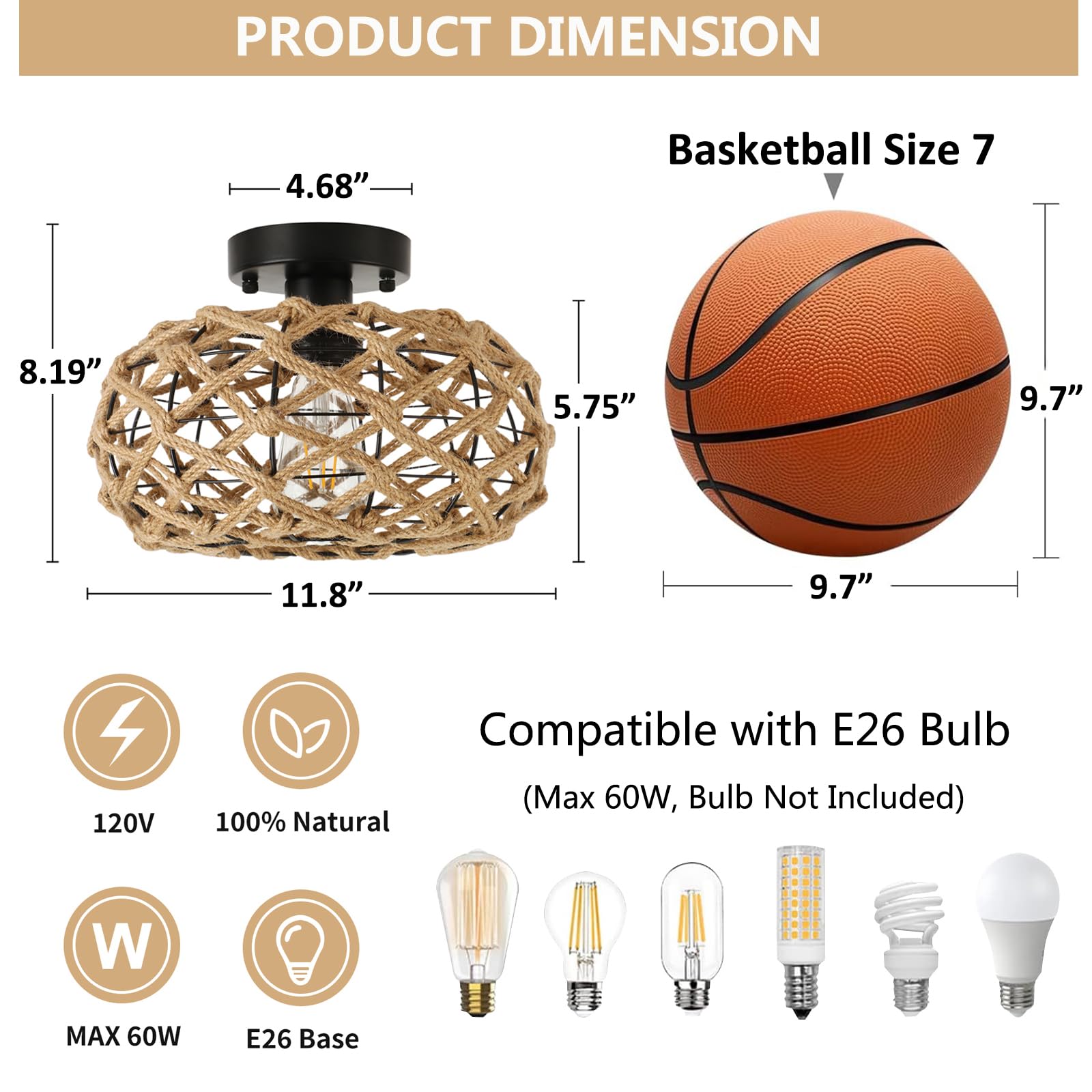 Foucasal Rattan Ceiling Light Fixture - Woven Wicker Semi Flush Mount For Coastal Boho Decor