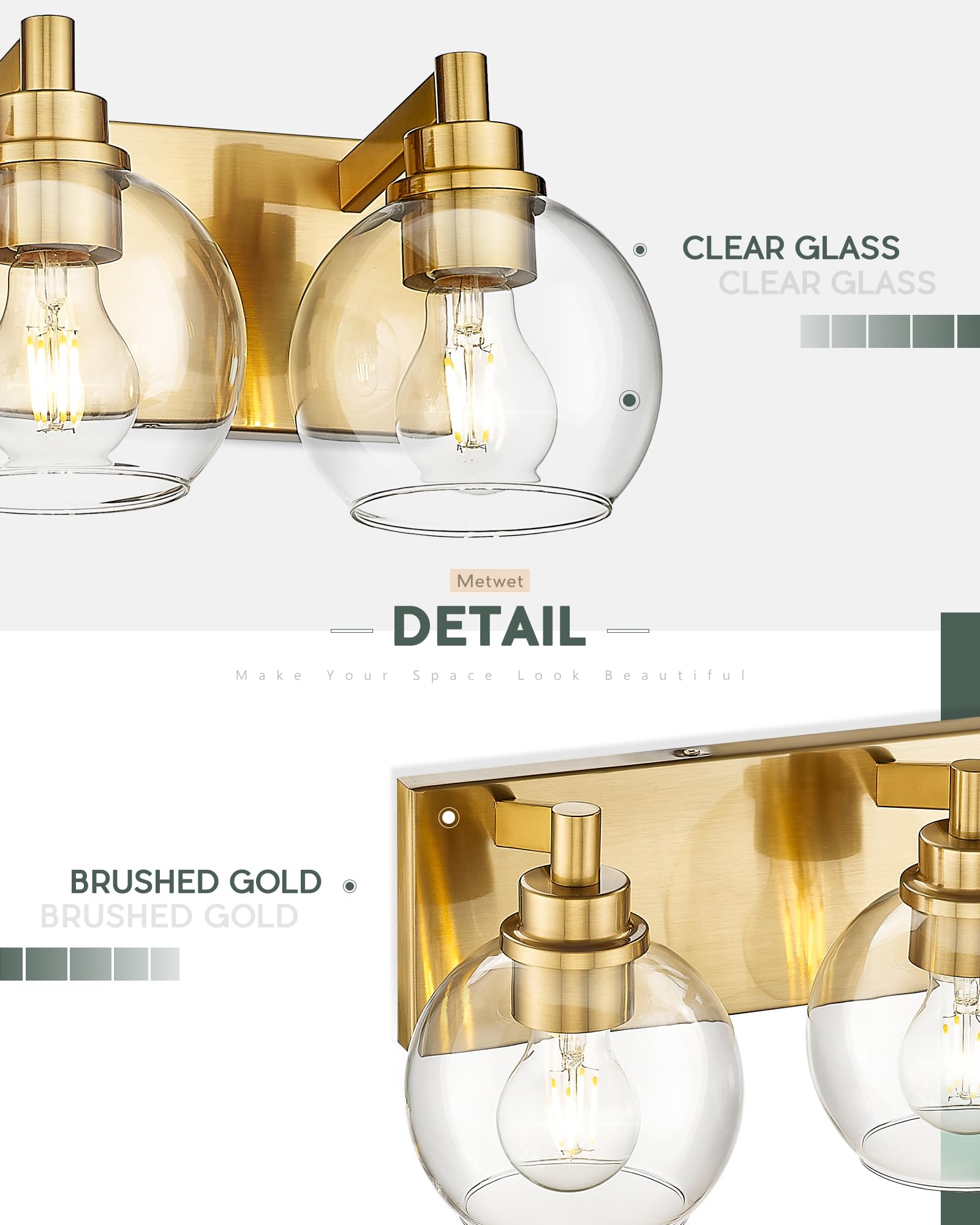Metwet Bathroom Light Fixtures, 4 Light Brushed Gold Vanity Light, 26 Inch Modern Wall Sconces With Globe Clear Glass Shade, Van