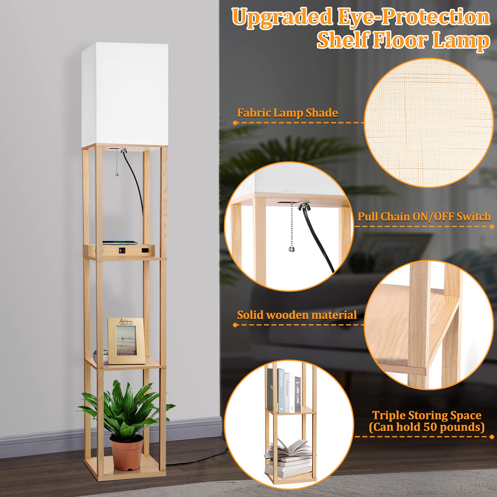 Dott Arts Floor Lamp with Shelves, Wireless Charger & USB Ports, 10.2in Wide, Burlywood, Model WLM1600-FLA-8W-07