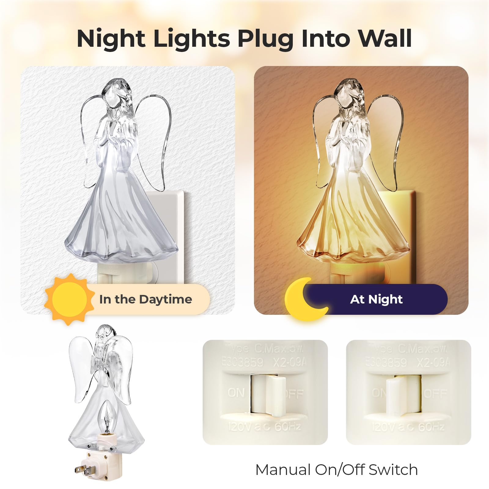 Huazhqing 2Pcs Praying Angel Night Light Plug Into Wall With 5W C7 Bulb  360 Degree Swivel Plug With On/Off Switch Angel Night Light For Bedroom Bathroom Kitchen Hallway  Holidays Gifts For Christmas