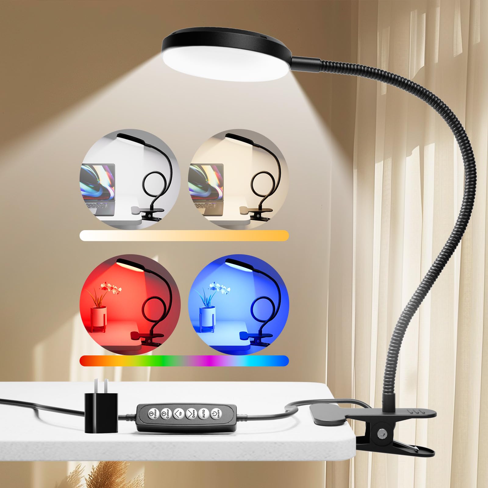 Reifeiniwei Desk Lamp with Clamp,2-in-1(10W) Gooseneck LED with RGB Ambient Light&Warm White Light,Book Light Color Changeable/R