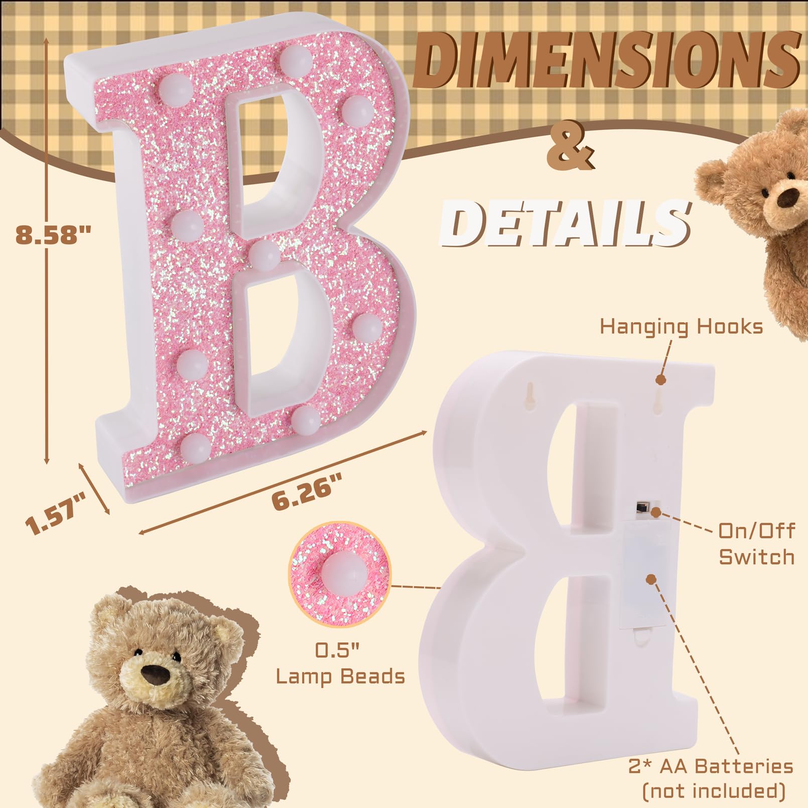 TRONSBOO LED Letter Light - Pink Glitter Marquee Letter B, Battery Powered, 6.26inx8.58in, Plastic, Home Party Decoration