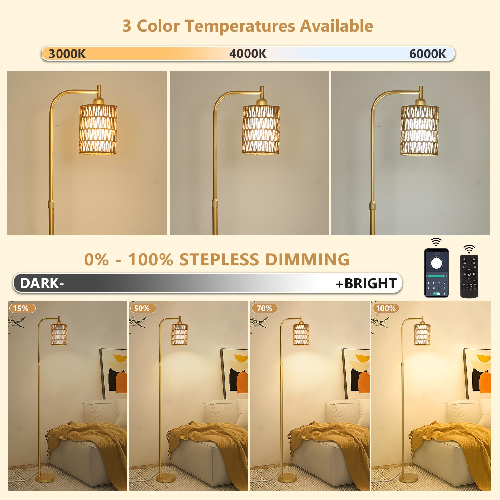 Lamsu Modern Gold Floor Lamps For Living Room, Boho Rattan Floor Lamp With Remote & Dimmable Led Bulb, Farmhouse Standing Lamp W